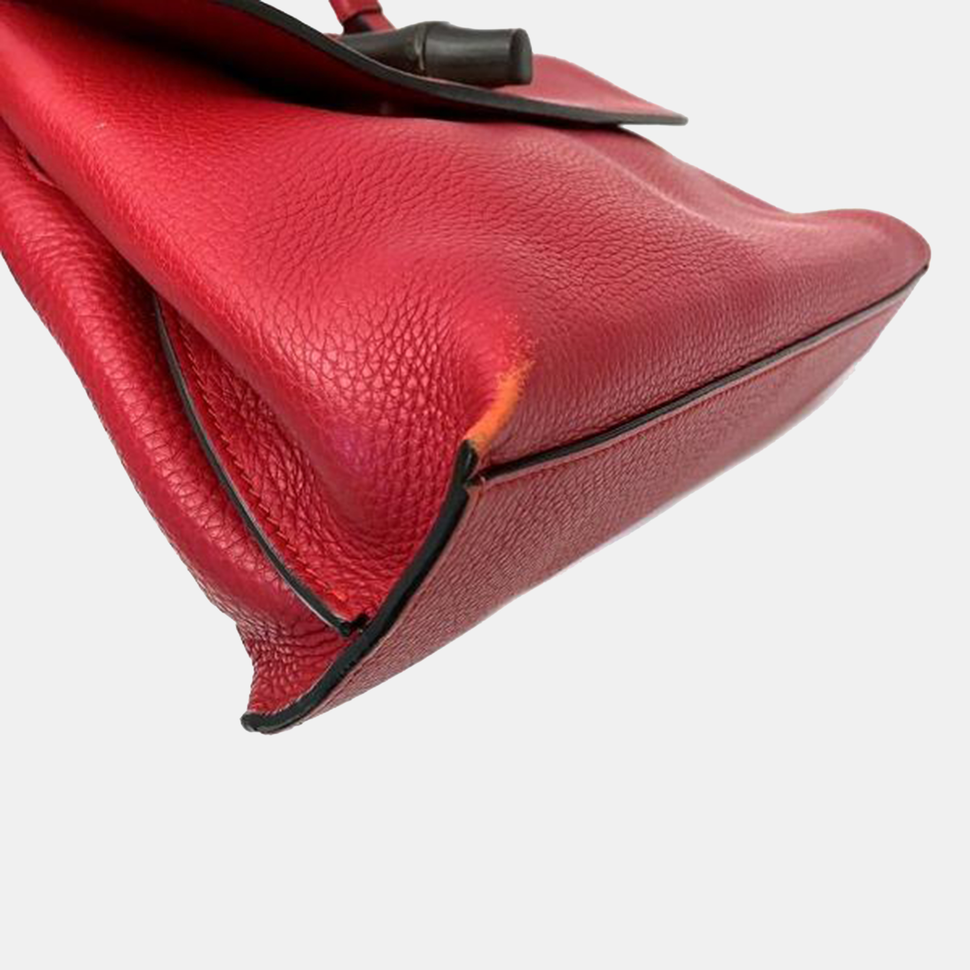 Gucci Red Leather Medium Bamboo Top Handle Bag