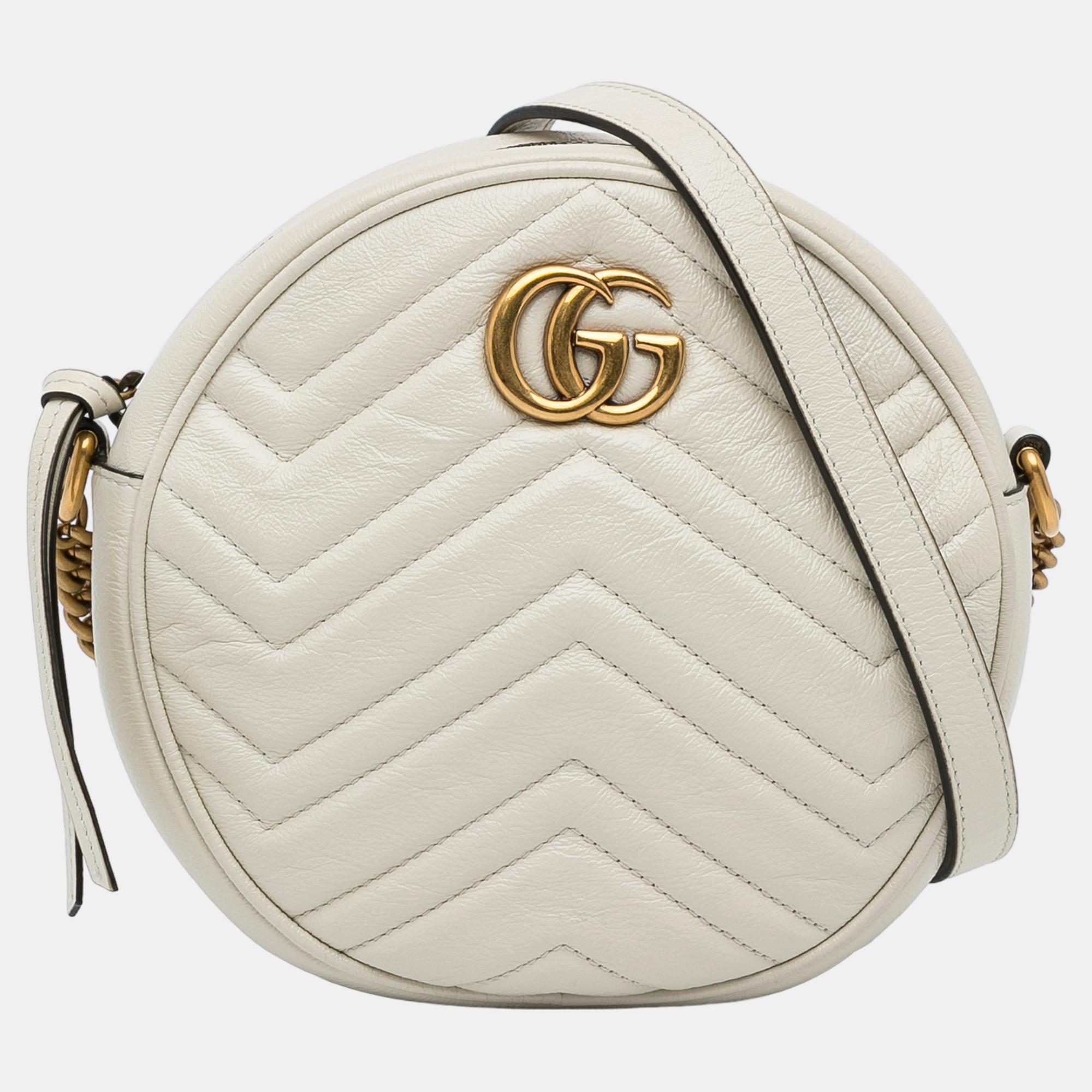 Gucci White Mini GG Marmont Round Leather Crossbody Bag