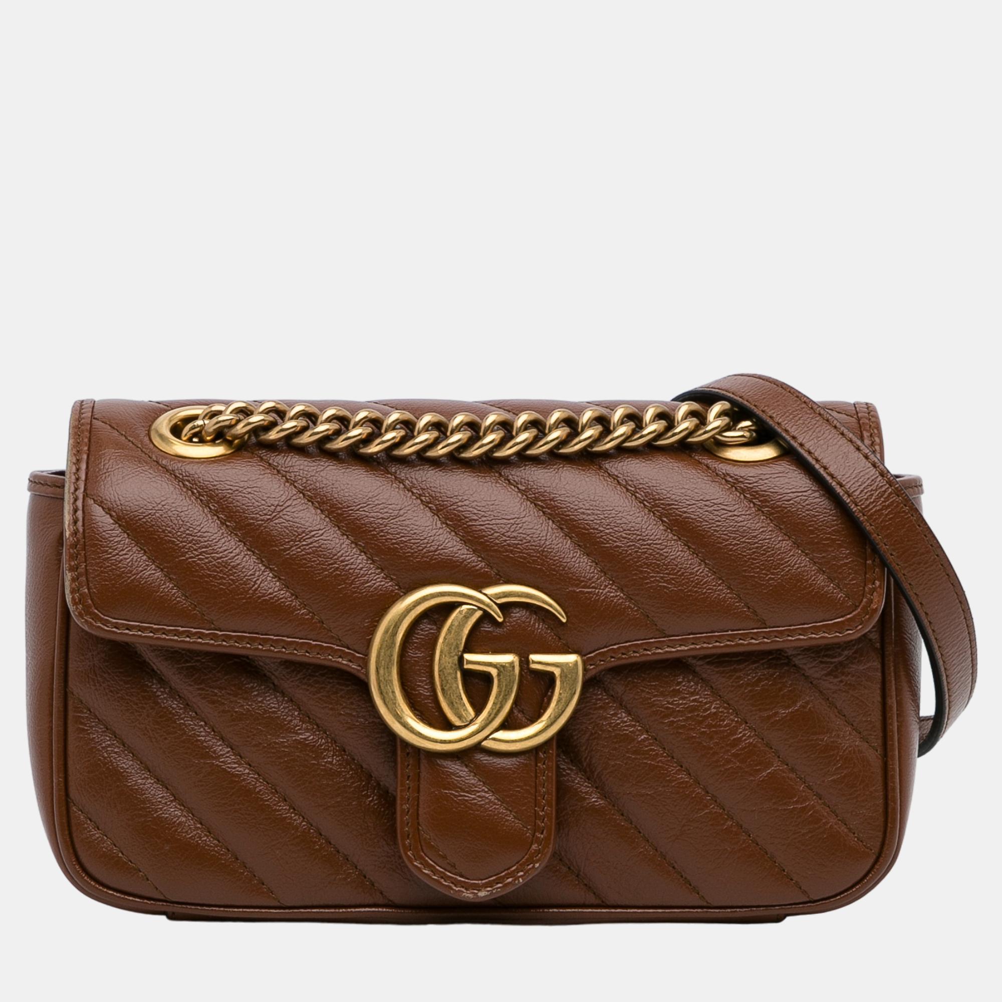 Gucci Brown Small GG Marmont Diagonal Shoulder Bag