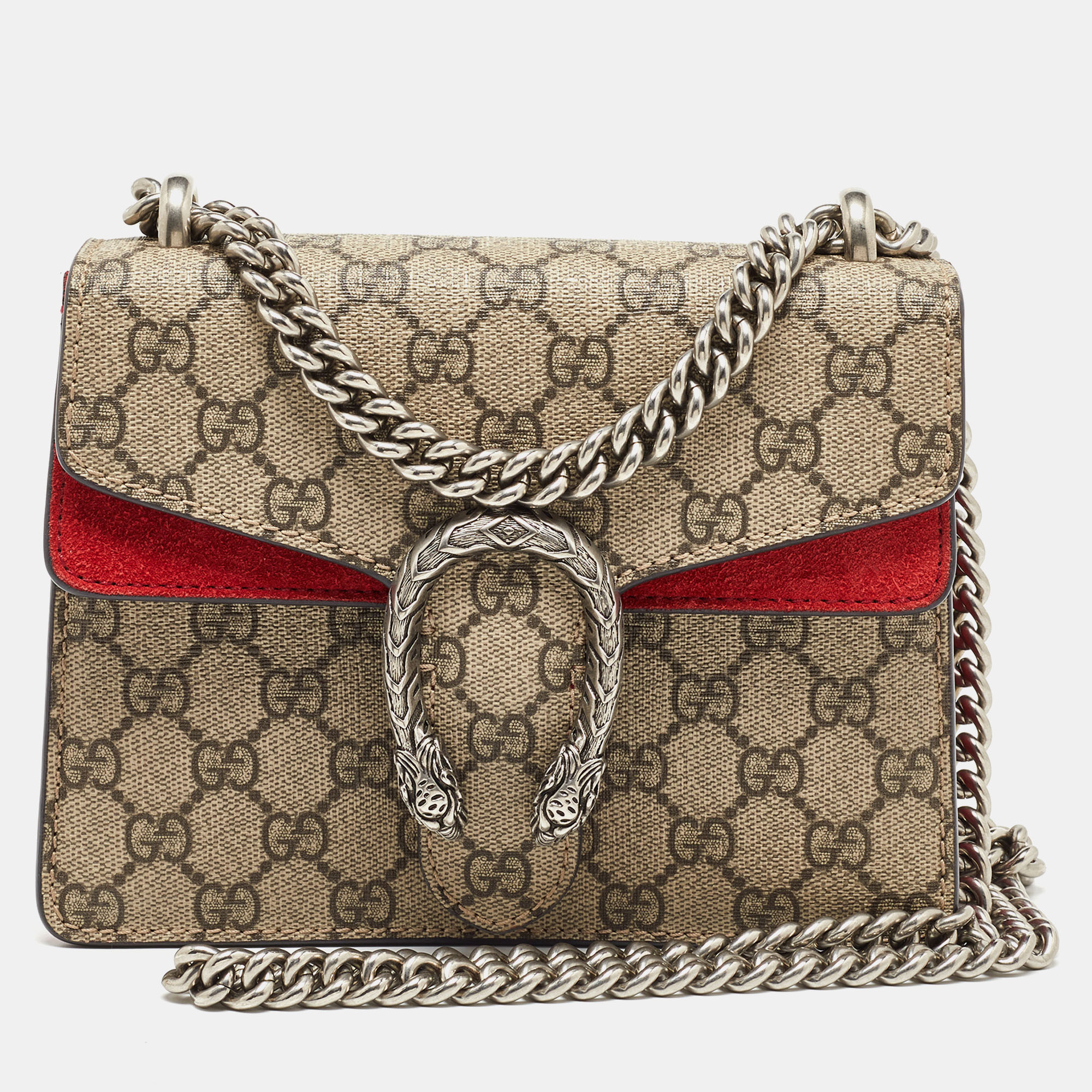 Gucci Beige/Red GG Supreme Canvas And Suede Mini Dionysus Shoulder Bag