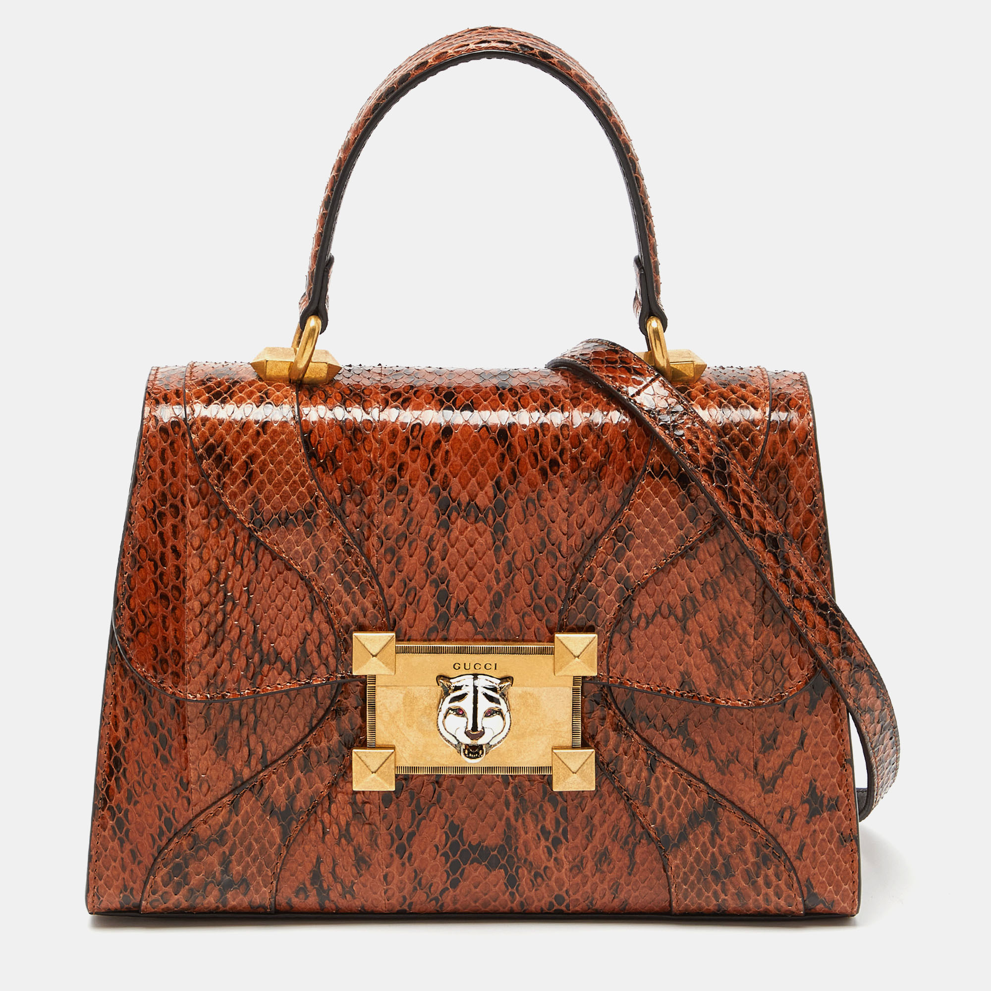 Gucci Brown Watersnake Leather Osiride Top Handle Bag