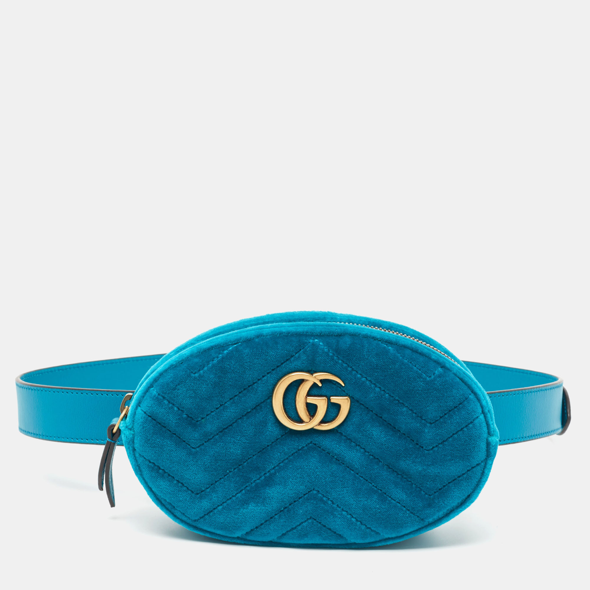 Gucci Teal Green Matelassé Velvet GG Marmont Belt Bag
