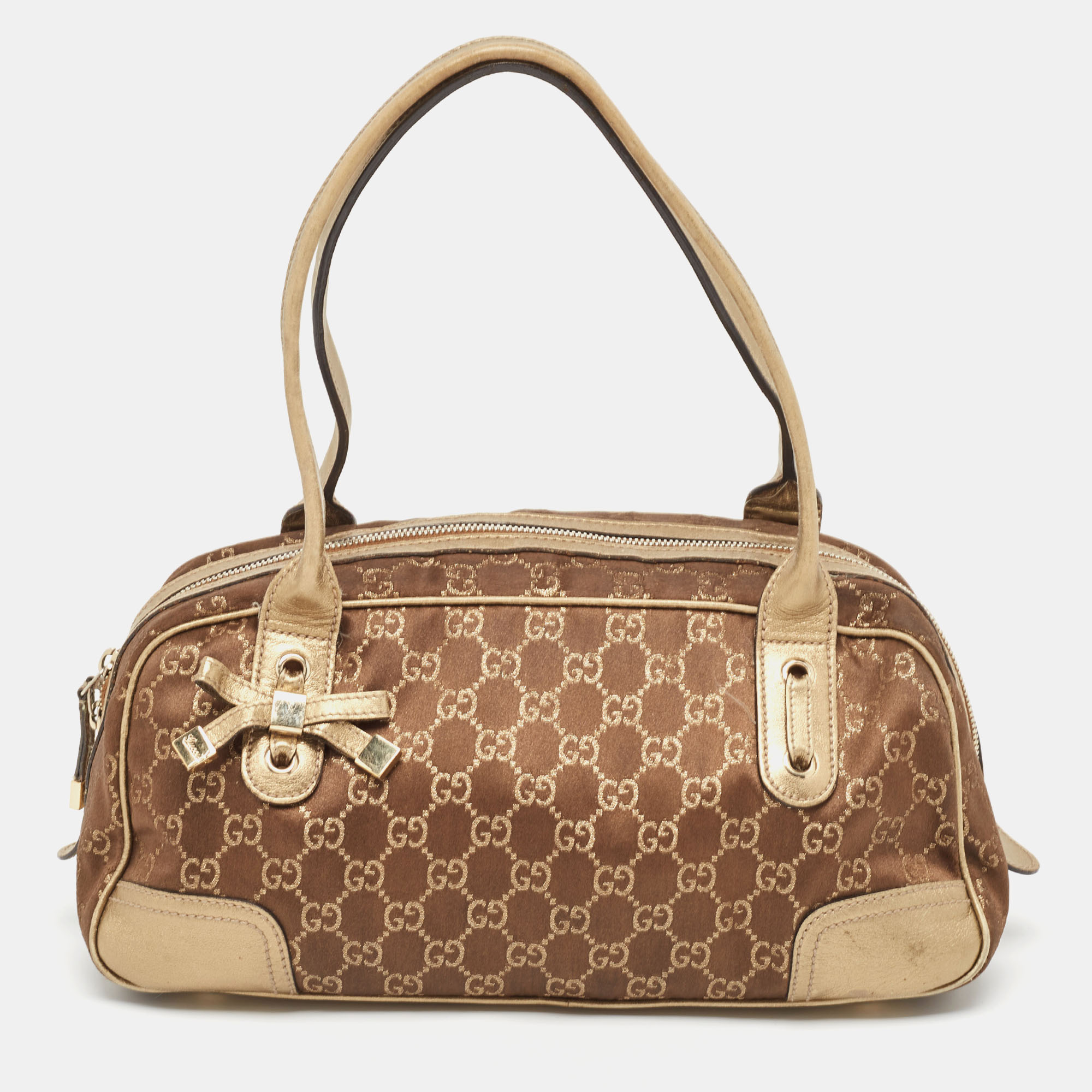 Gucci Gold/Brown GG Fabric And Leather Princy Boston Bag