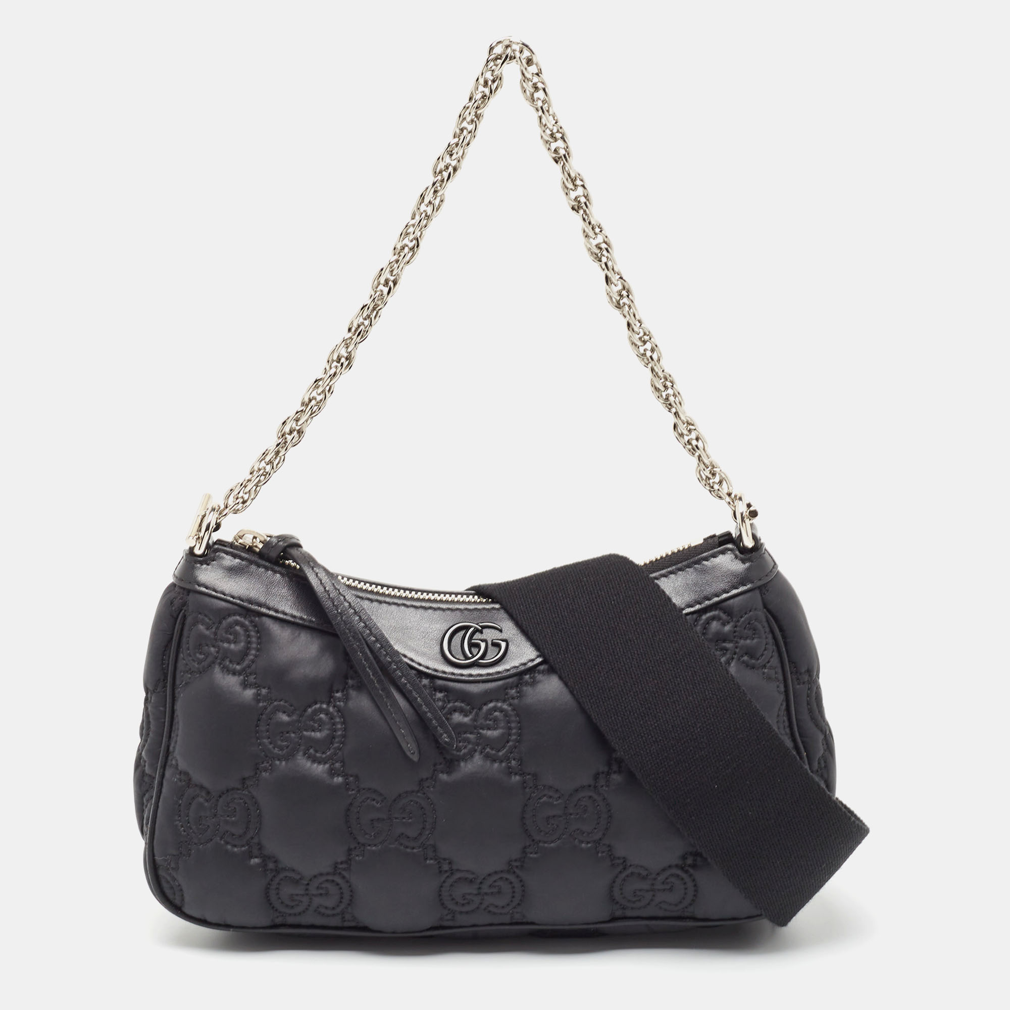 Gucci Black GG Matelassé Satin And Leather Chain Bag