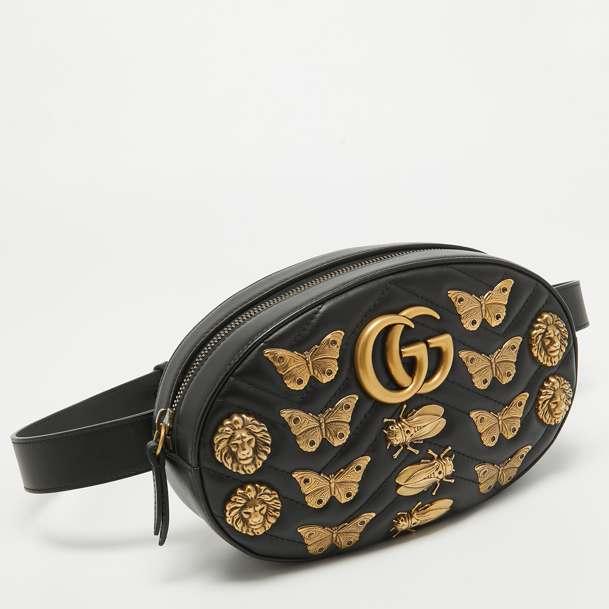 Gucci Black Matelassé Leather GG Marmont Animal Stud Belt Bag
