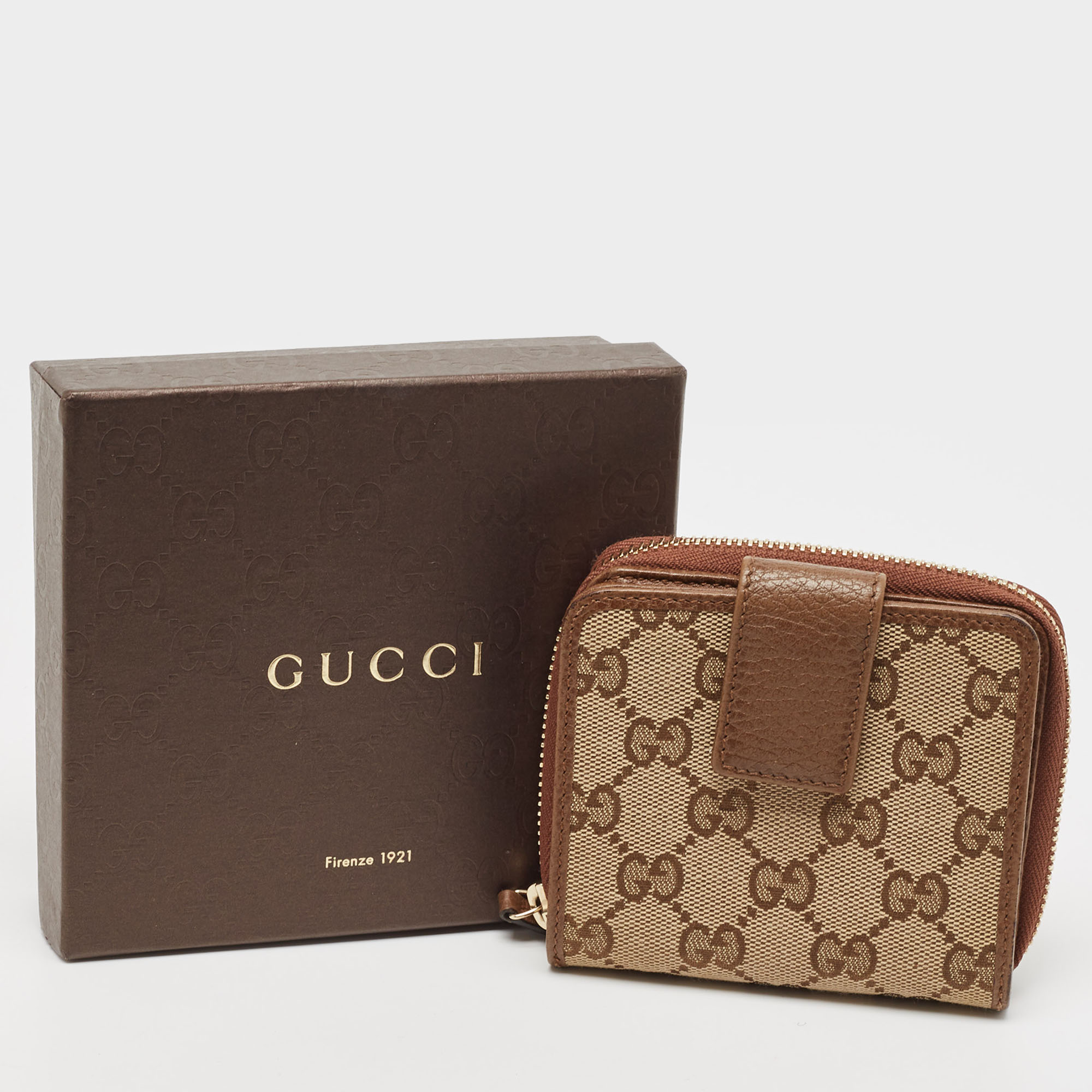 Gucci Brown/Beige GG Canvas Leather Zip Around Compact Wallet