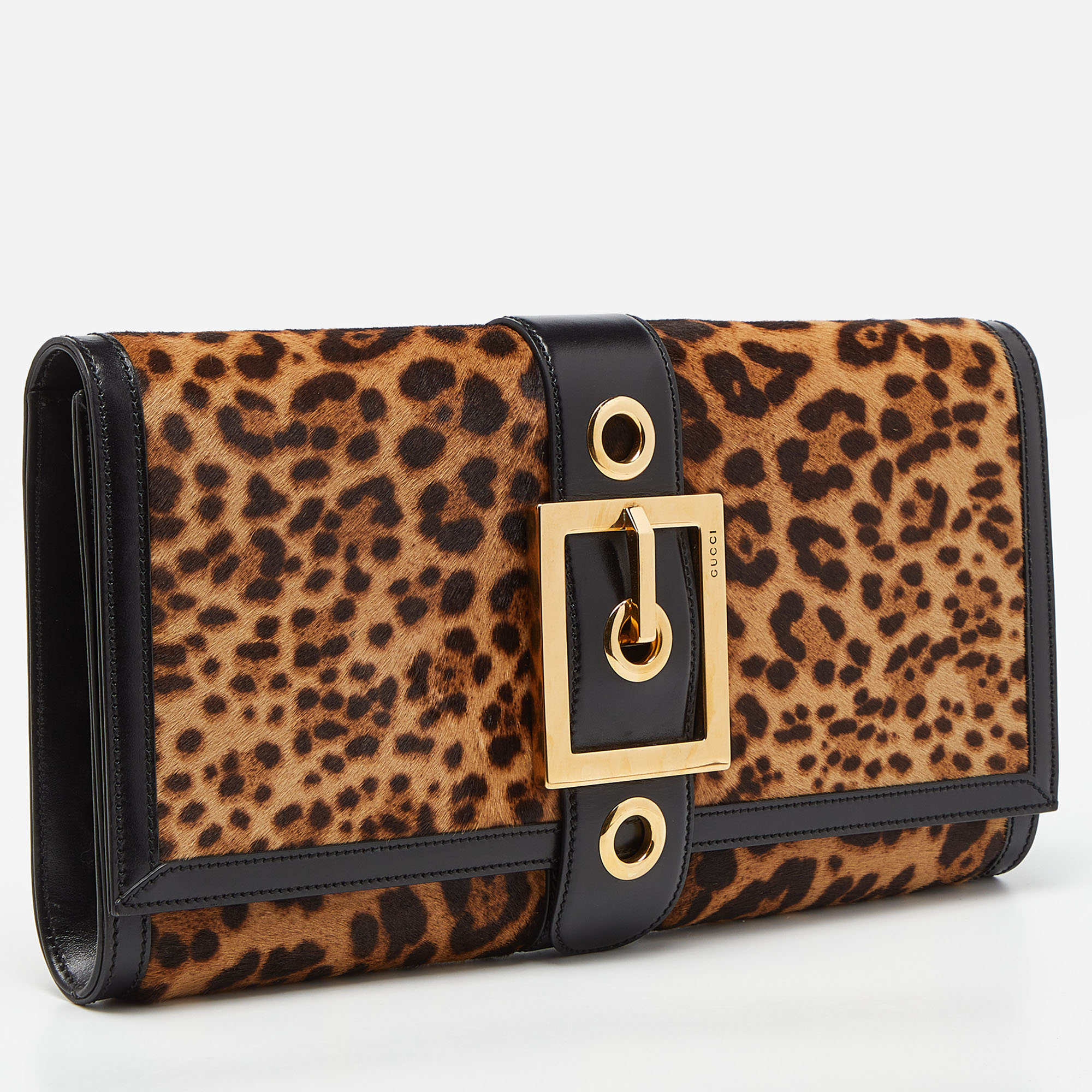 Gucci Brown/Black Leopard Print Calfhair And Leather Lady Buckle Clutch