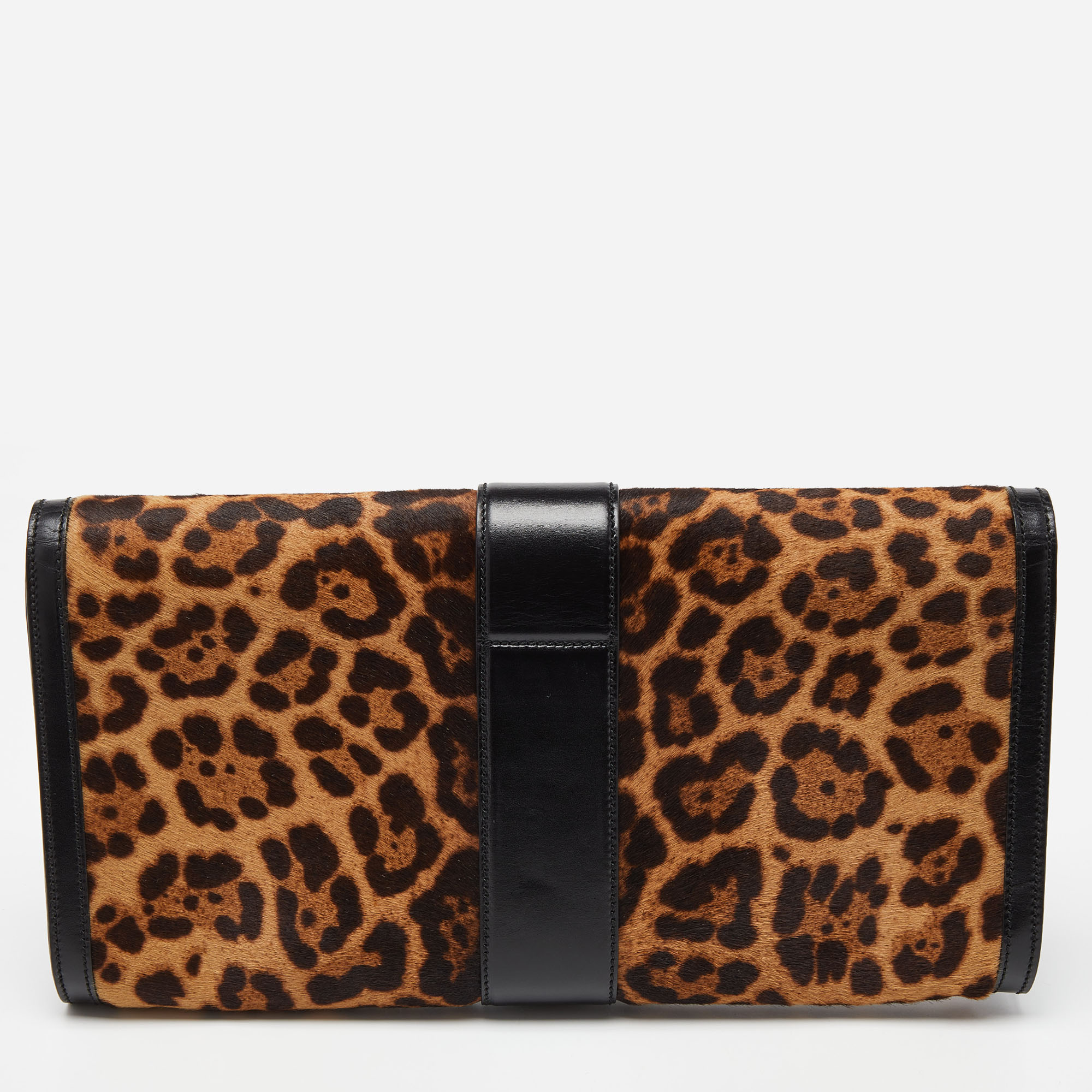 Gucci Brown/Black Leopard Print Calfhair And Leather Lady Buckle Clutch
