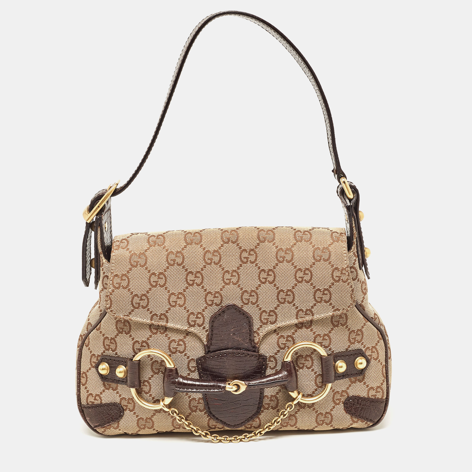 Gucci Ebony/Beige GG Canvas And Leather Horsebit Shoulder Bag