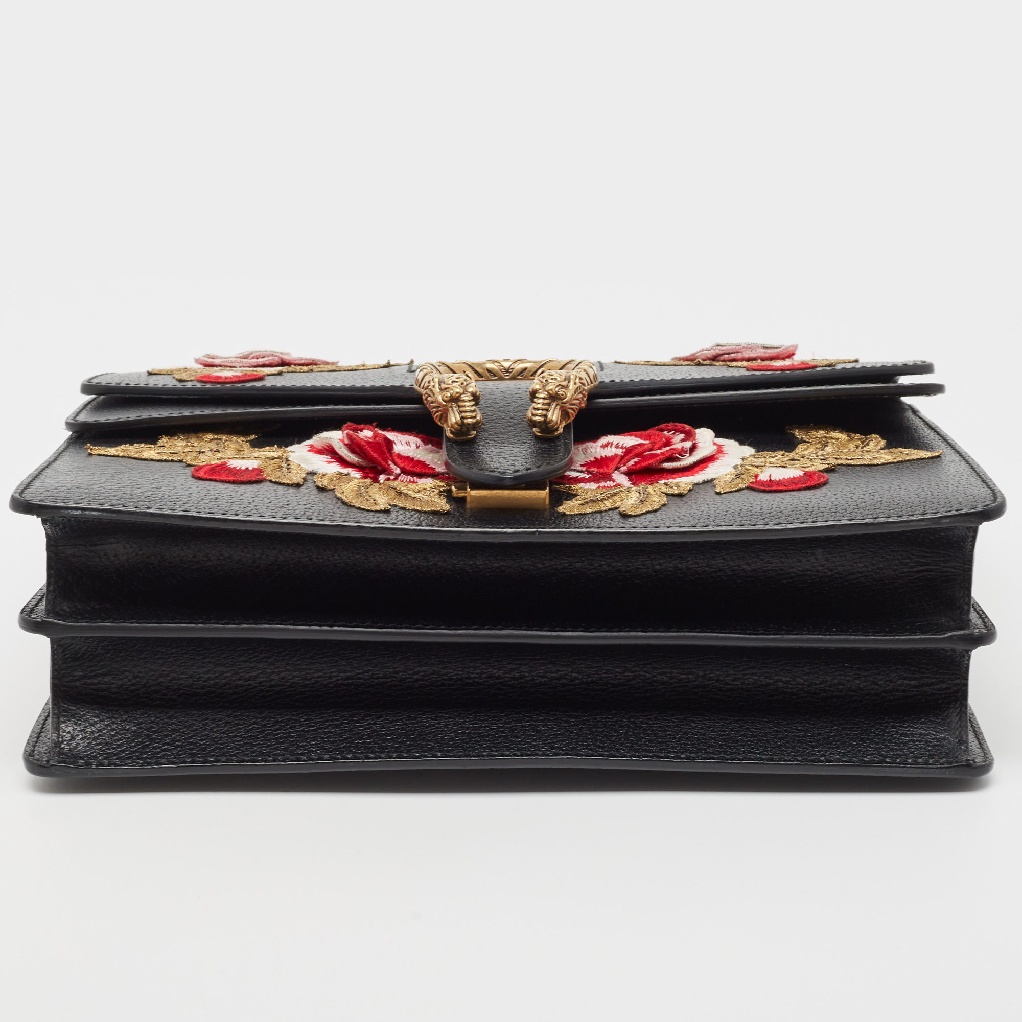 Gucci Black Leather Medium Embroidered Web Dionysus Shoulder Bag