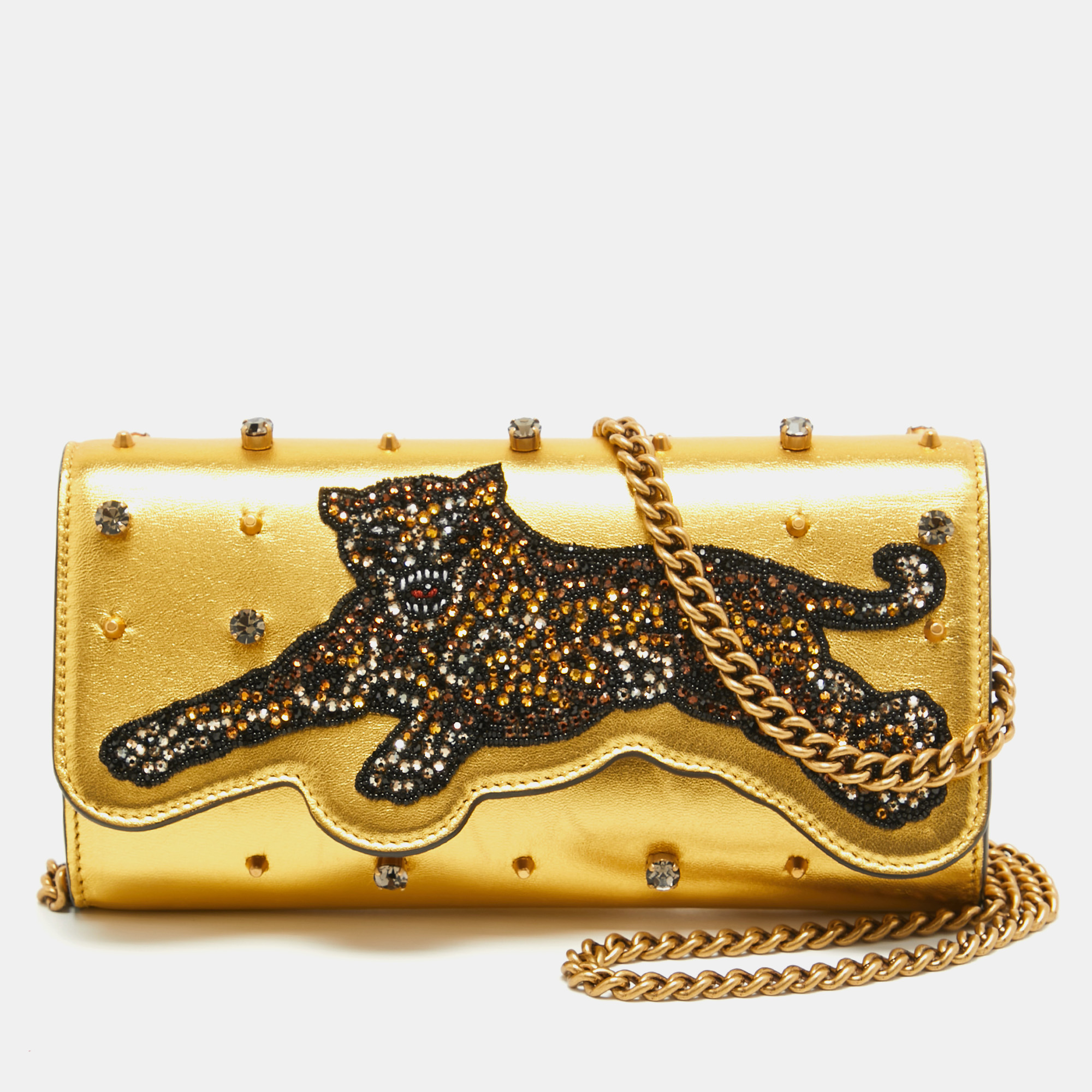 Gucci gold leather embroidered tiger crystal studded chain clutch