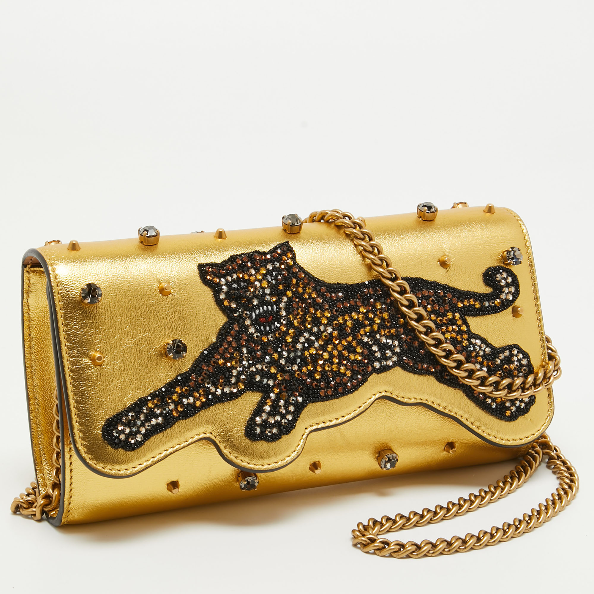 Gucci Gold Leather Embroidered Tiger Crystal Studded Chain Clutch
