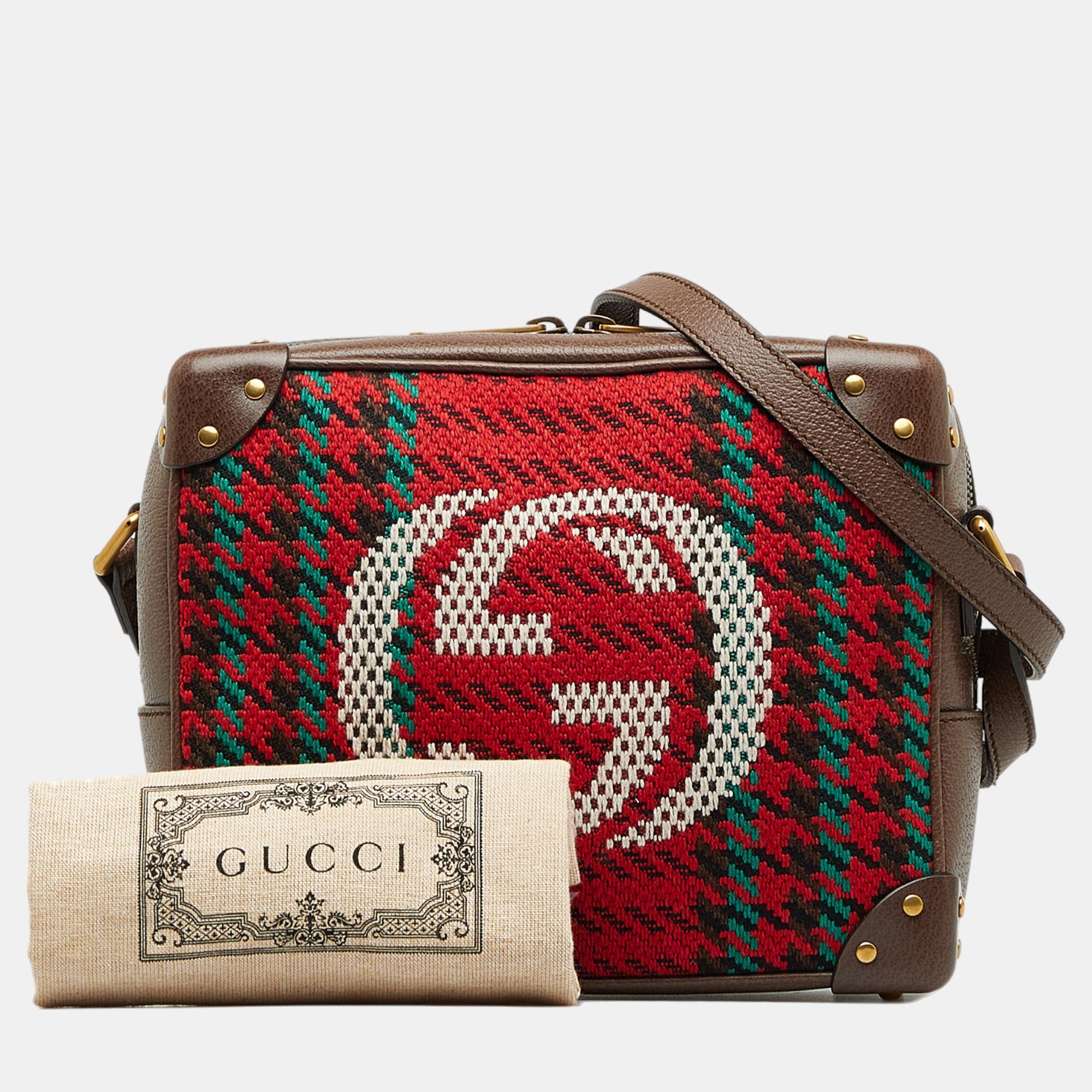 Gucci Brown/Red Houndstooth Soft Trunk Crossbody Bag