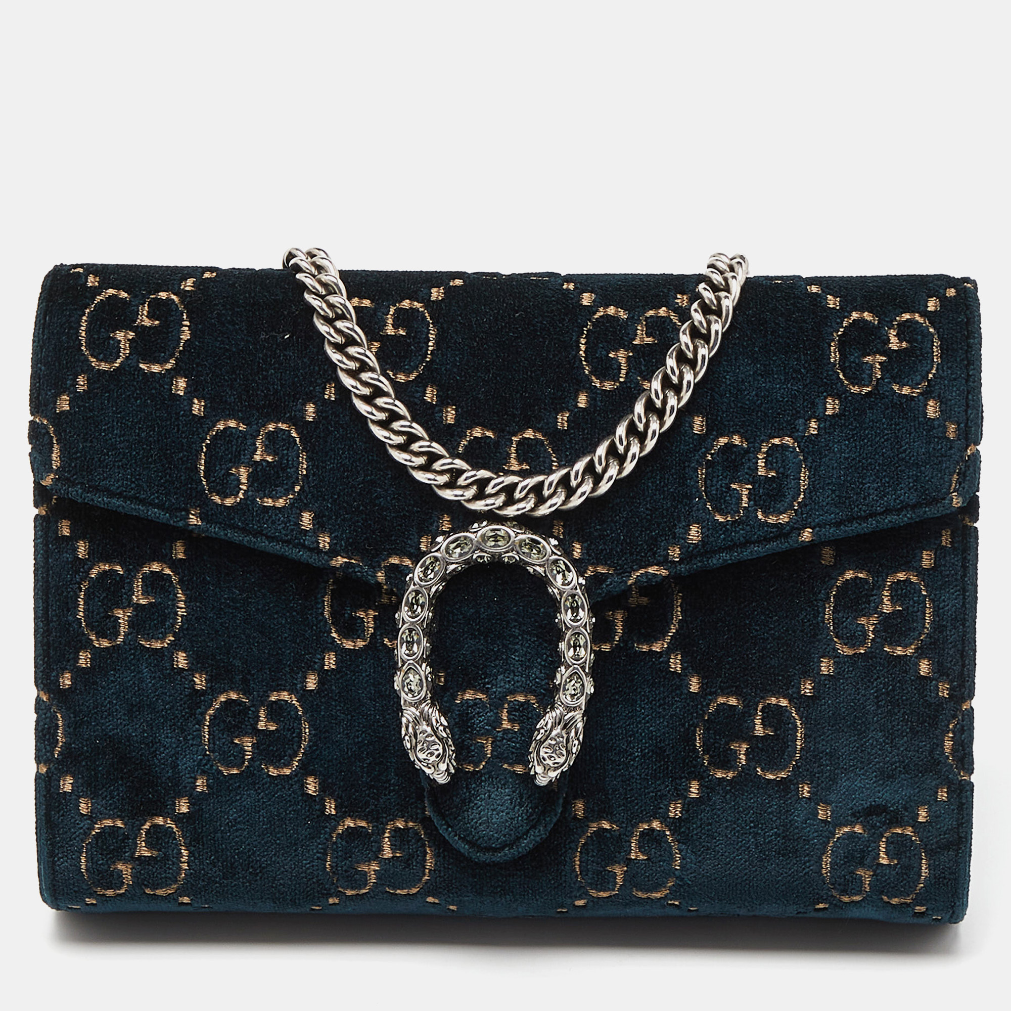 Gucci Teal GG Velvet And Leather Dionysus Wallet On Chain