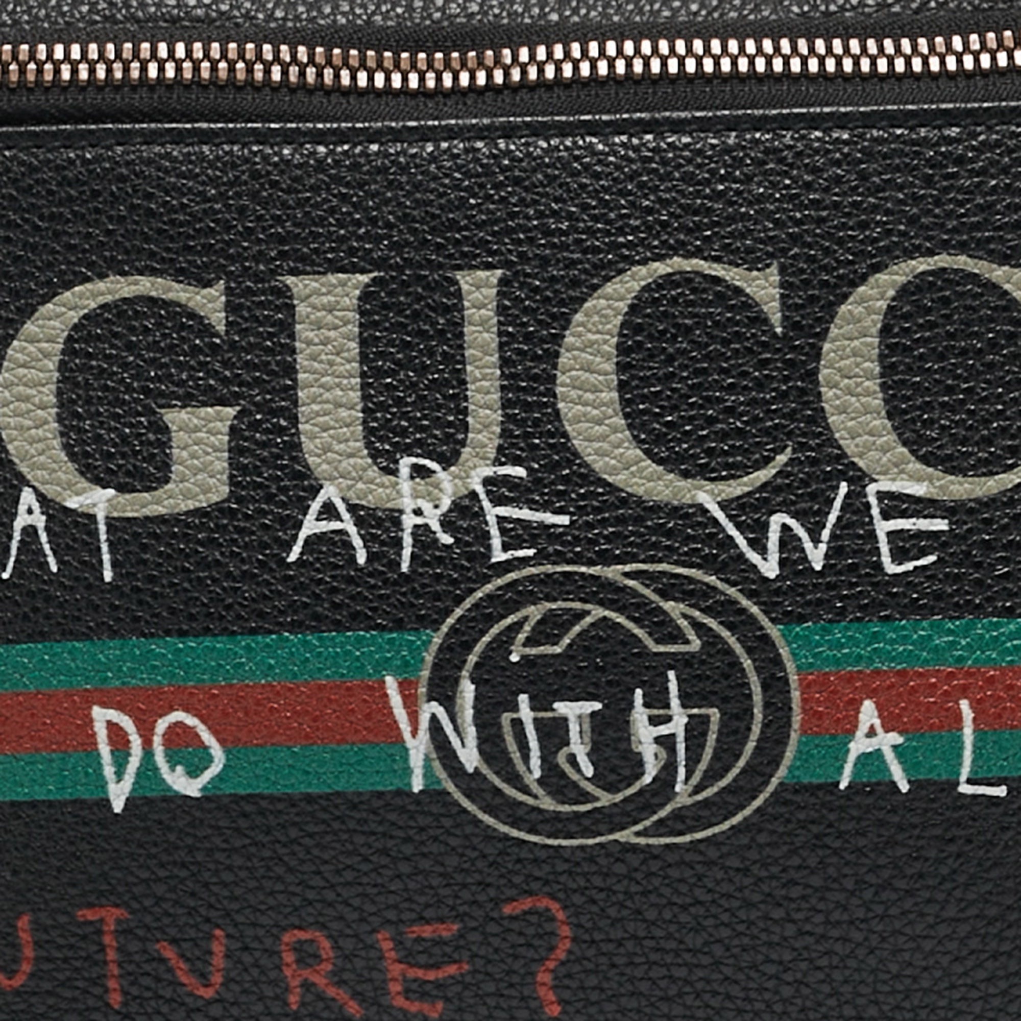 Gucci Black Pebbled Leather Logo Web Belt Bag