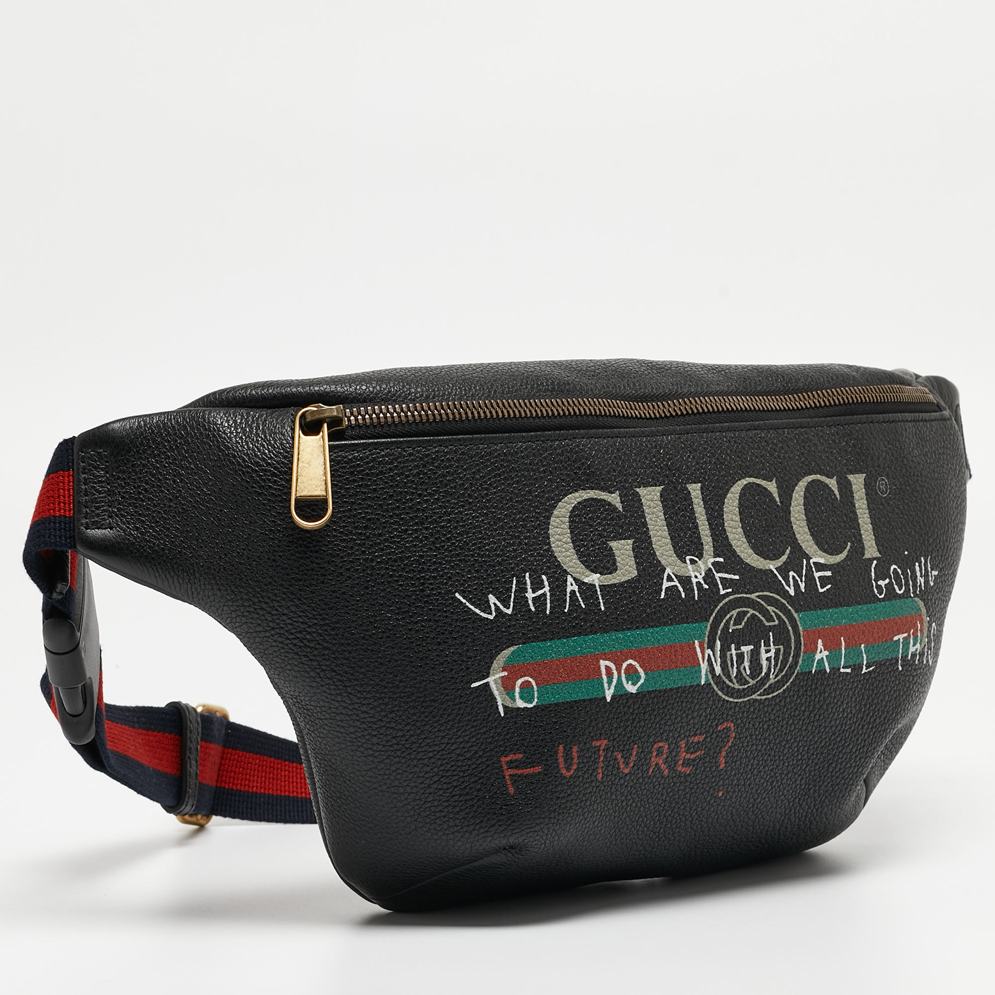 Gucci Black Pebbled Leather Logo Web Belt Bag