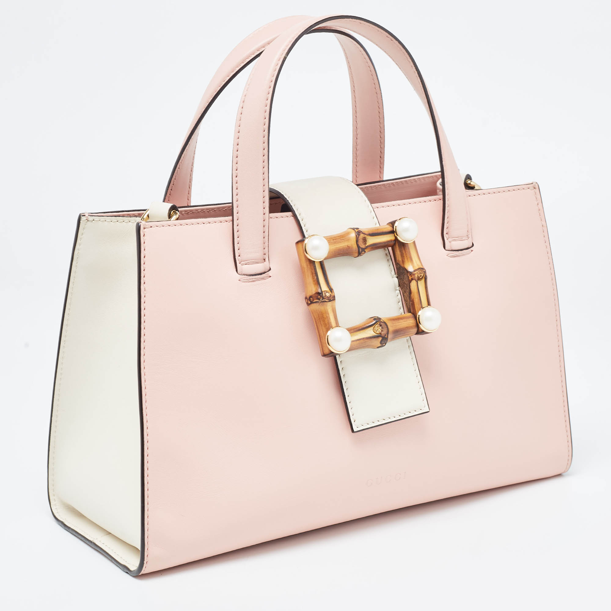 Gucci Pink/White Leather Small Bamboo Buckle Tote