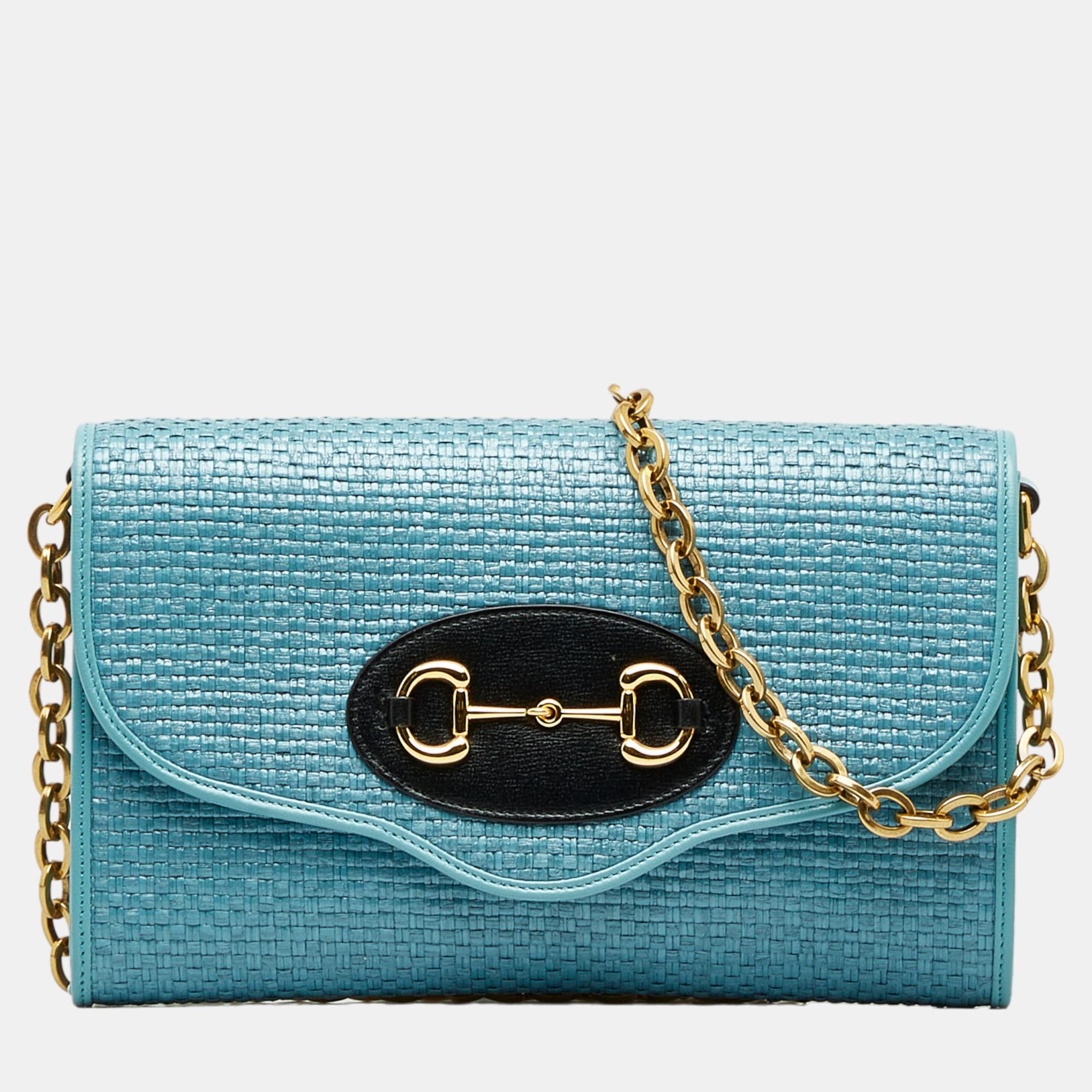 Gucci Blue Horsebit 1955 Raffia Chain Bag