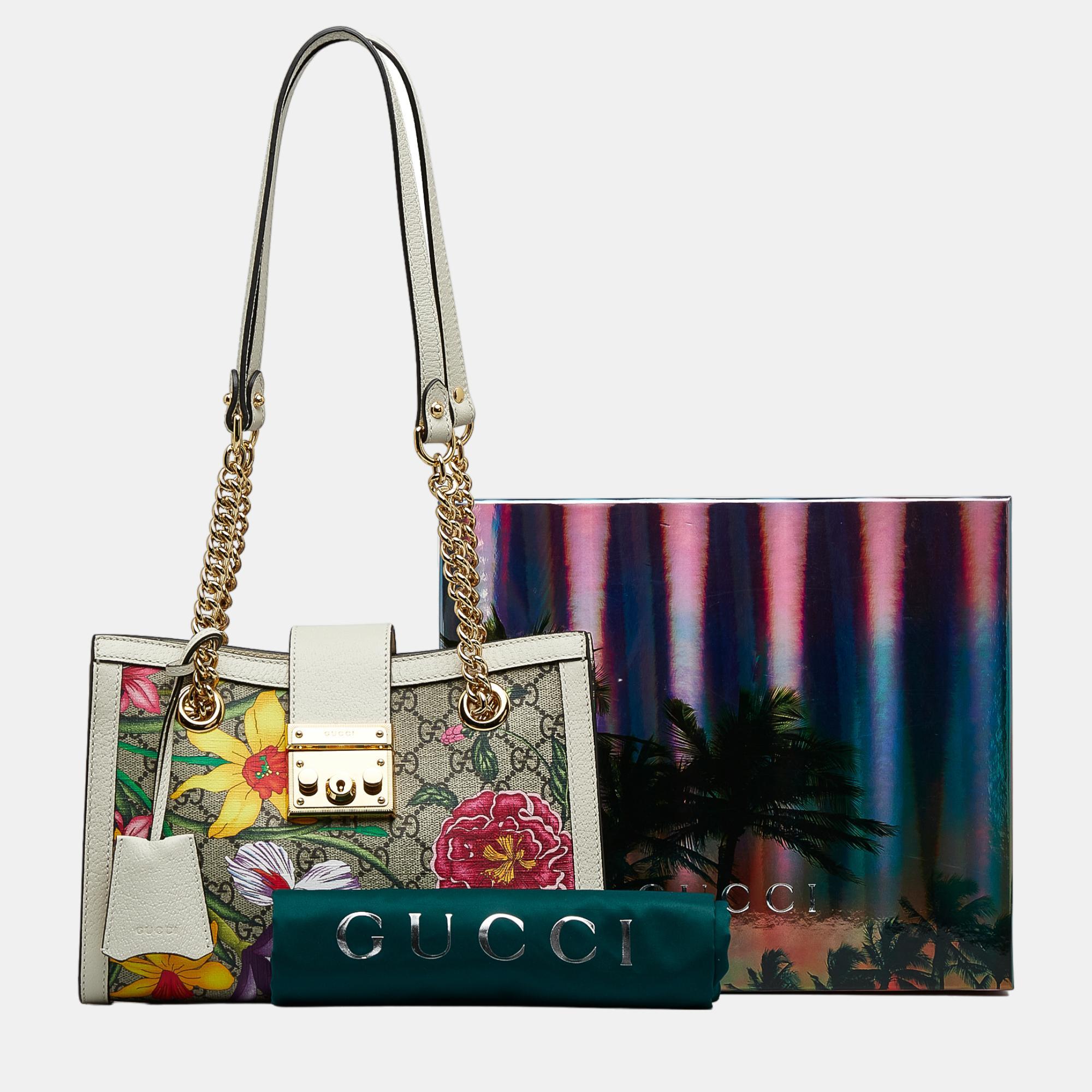 Gucci Beige/Brown Small GG Supreme Flora Padlock Shoulder Bag