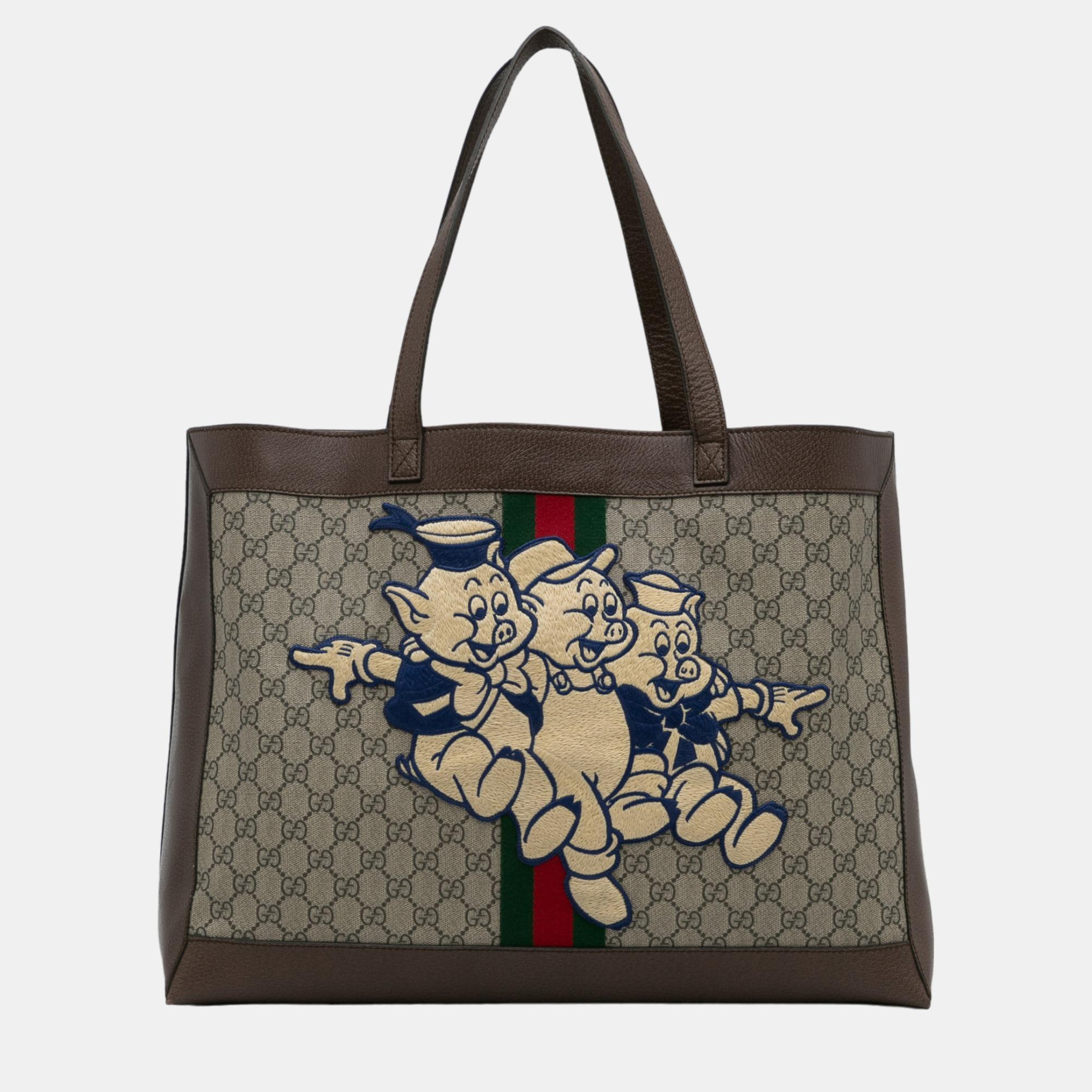 Gucci Beige/Brown X Disney Large GG Supreme Three Little Pigs Ophidia Tote Bag