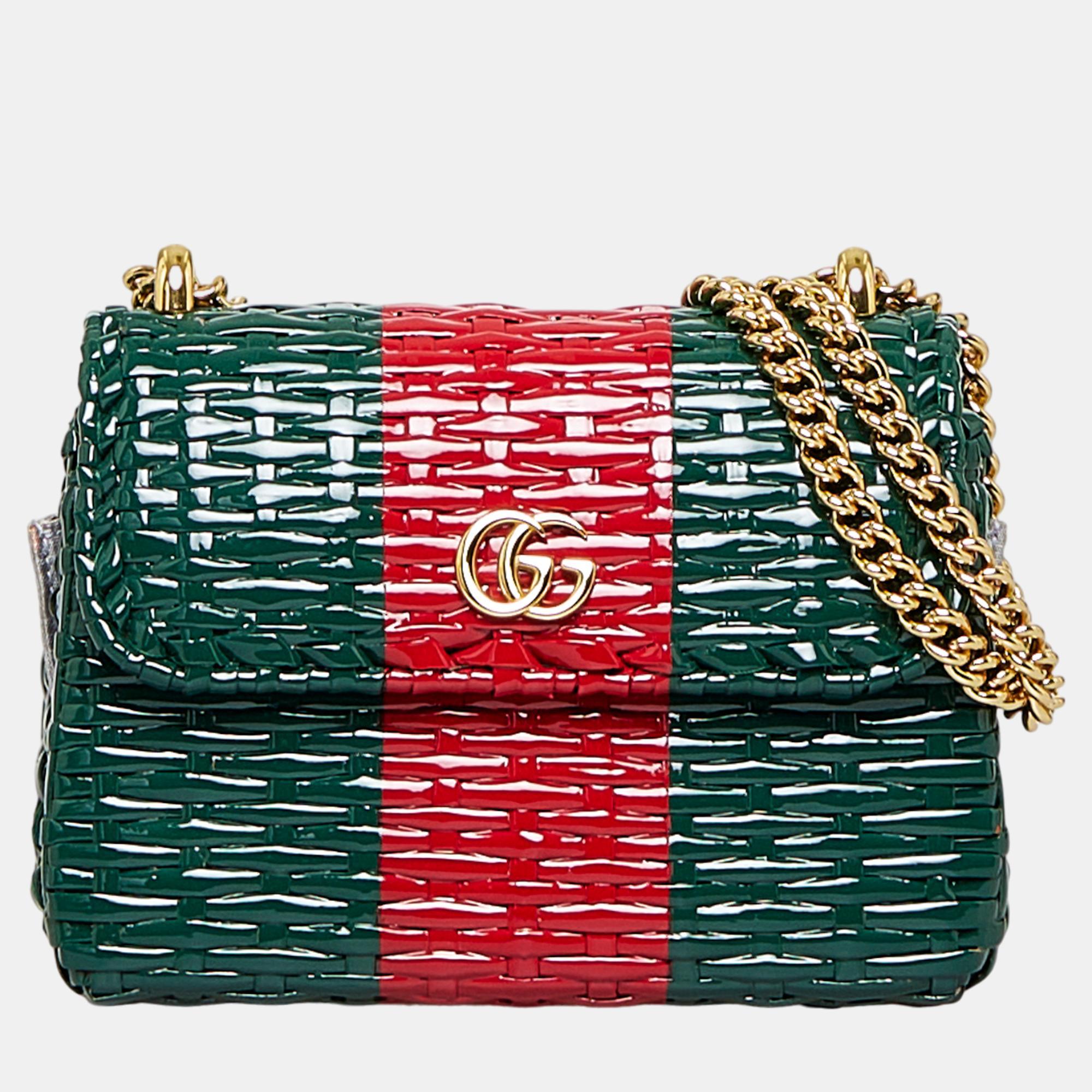Gucci Green/Red GG Marmont Wicker Crossbody Bag