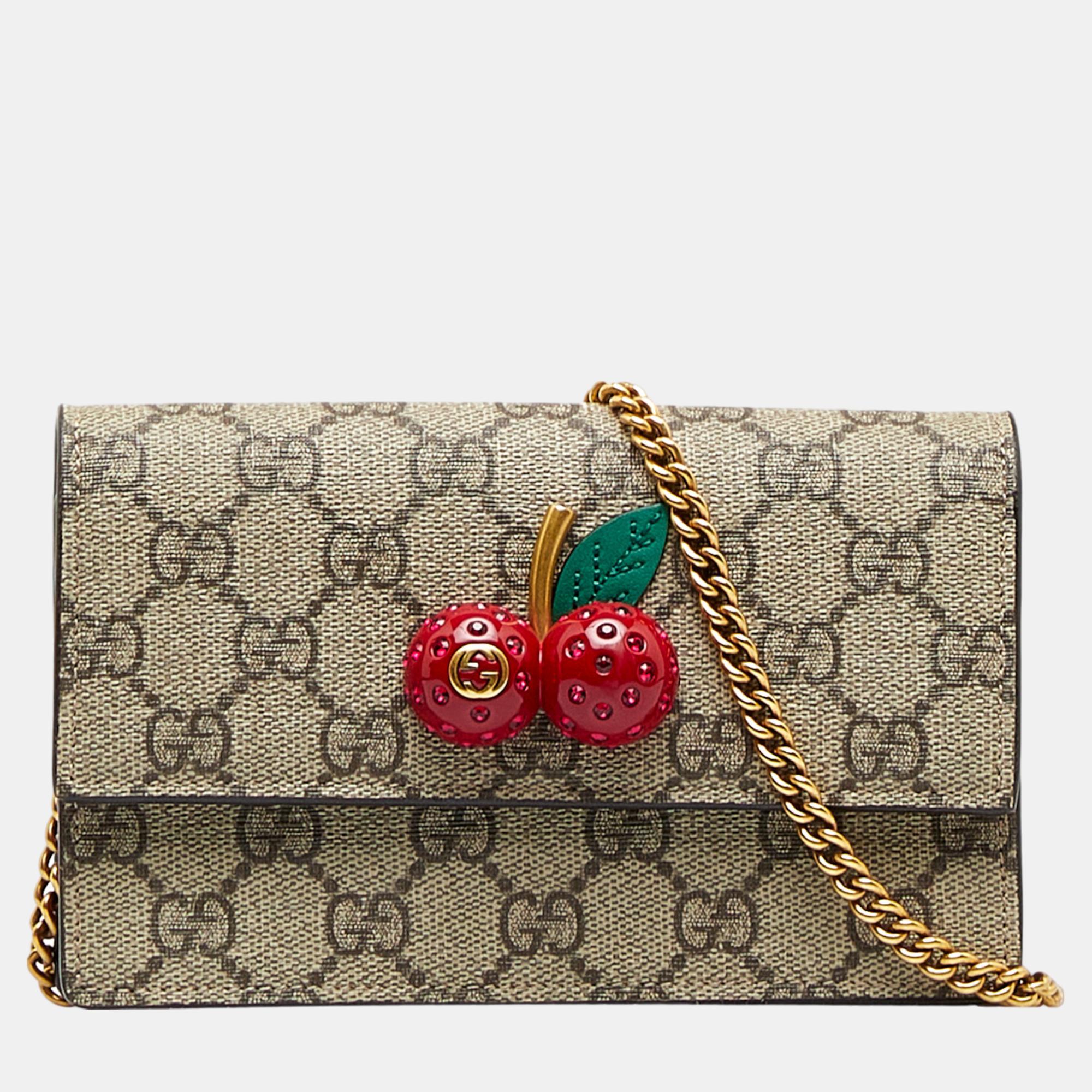 Gucci Beige/Brown GG Supreme Cherry Wallet On Chain