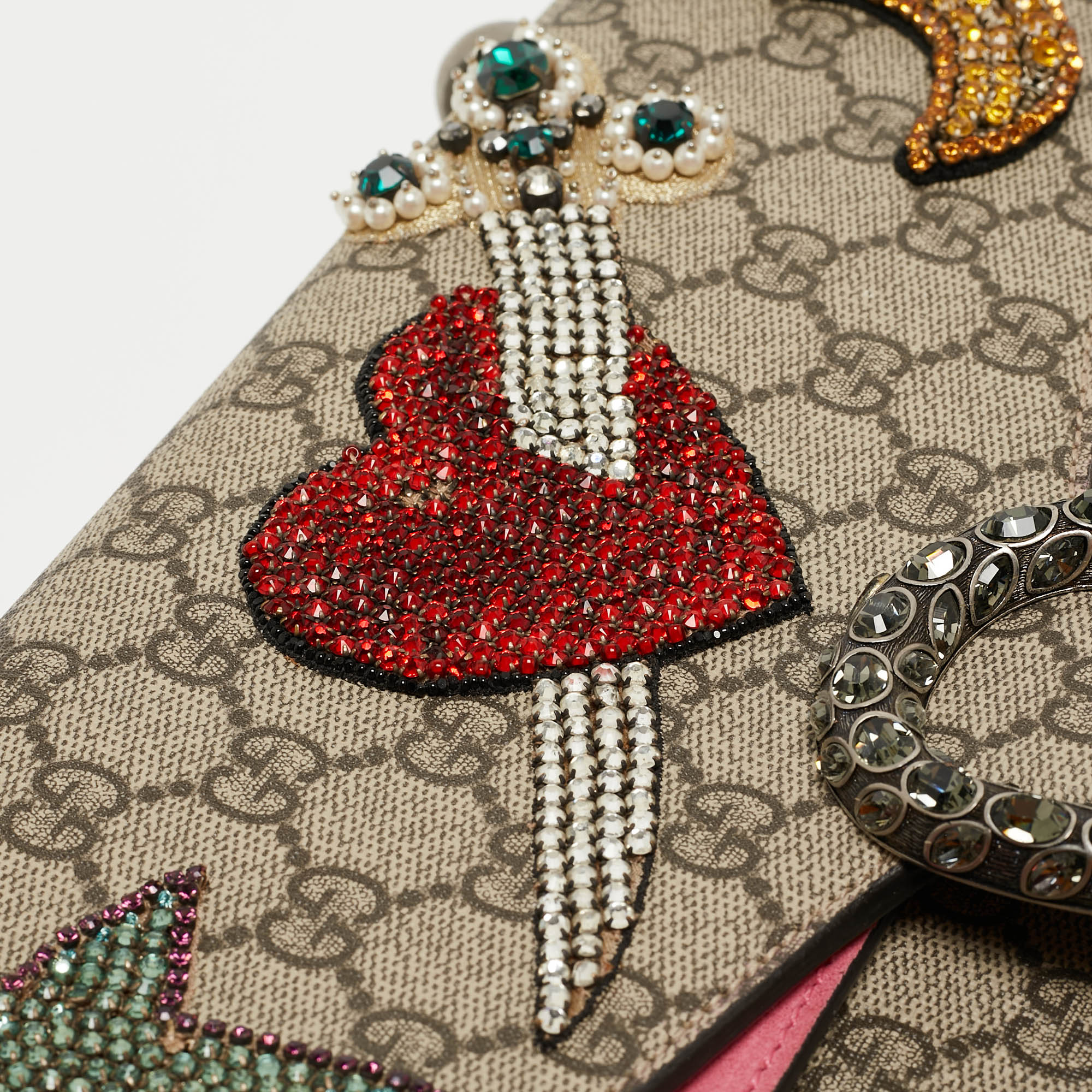 Gucci Beige GG Supreme Canvas And Suede Medium Dionysus Crystal Embellished Shoulder Bag