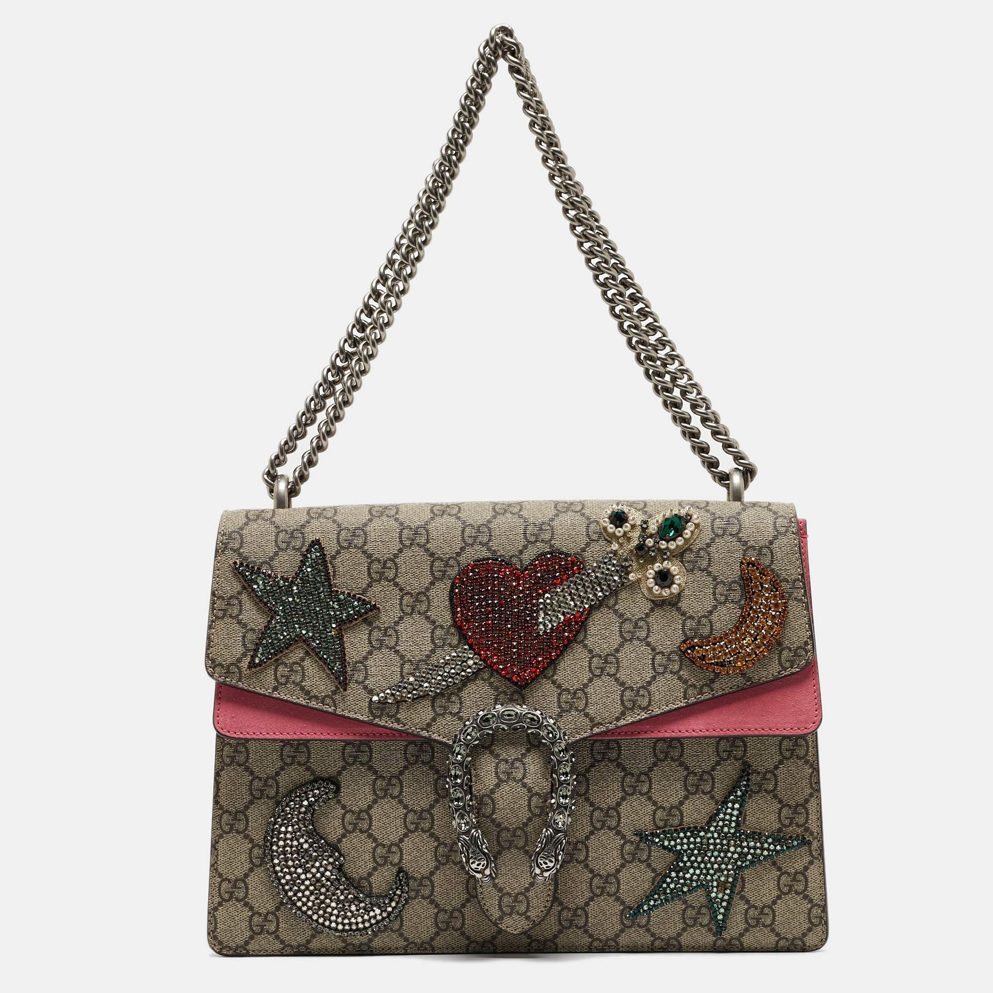 Gucci beige gg supreme canvas and suede medium dionysus crystal embellished shoulder bag