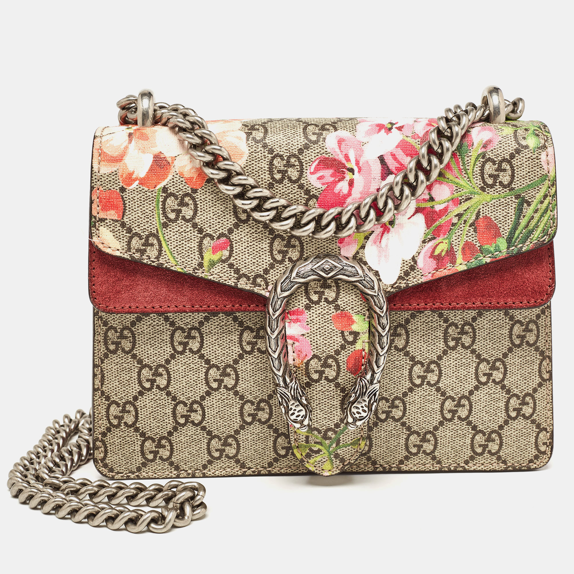 Gucci burgundy/beige gg supreme canvas and suede mini blooms dionysus shoulder bag