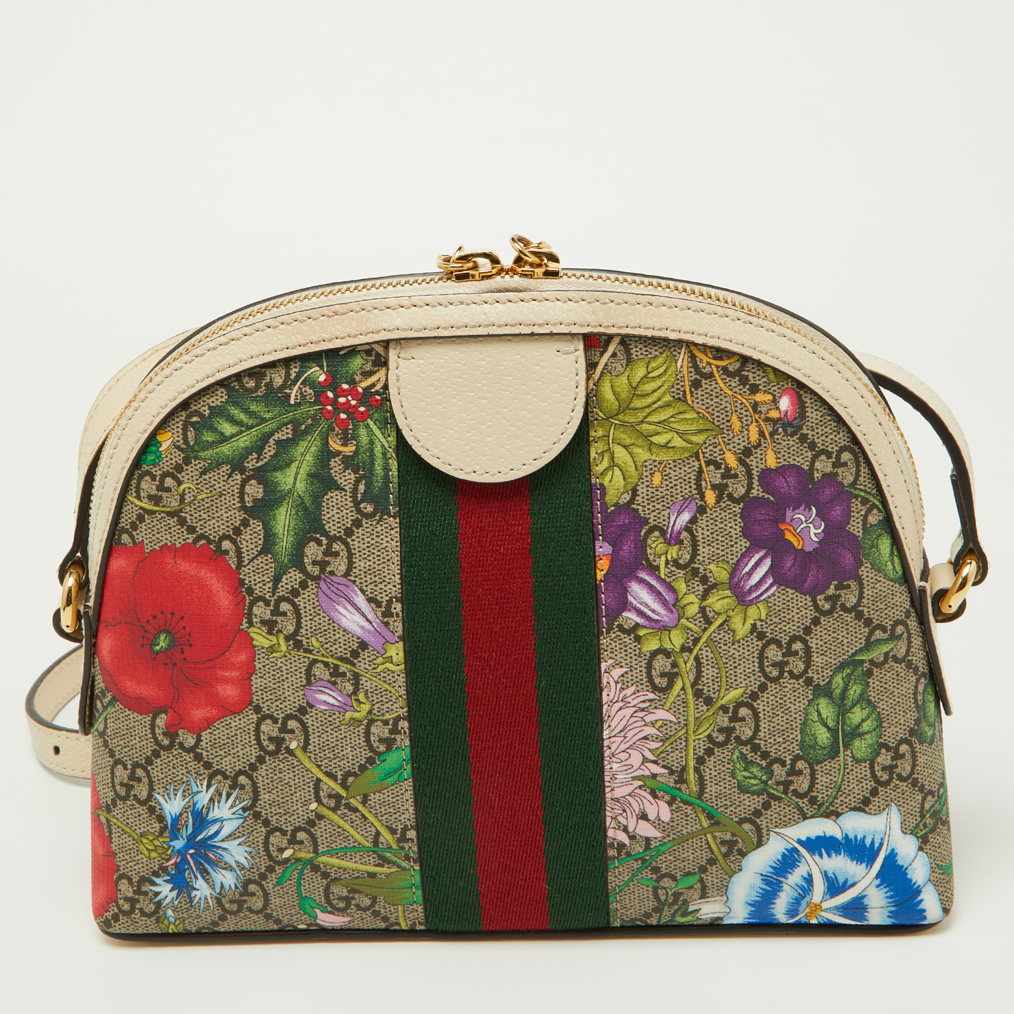 Gucci Off White/Beige Floral GG Supreme Canvas Small Ophidia Shoulder Bag