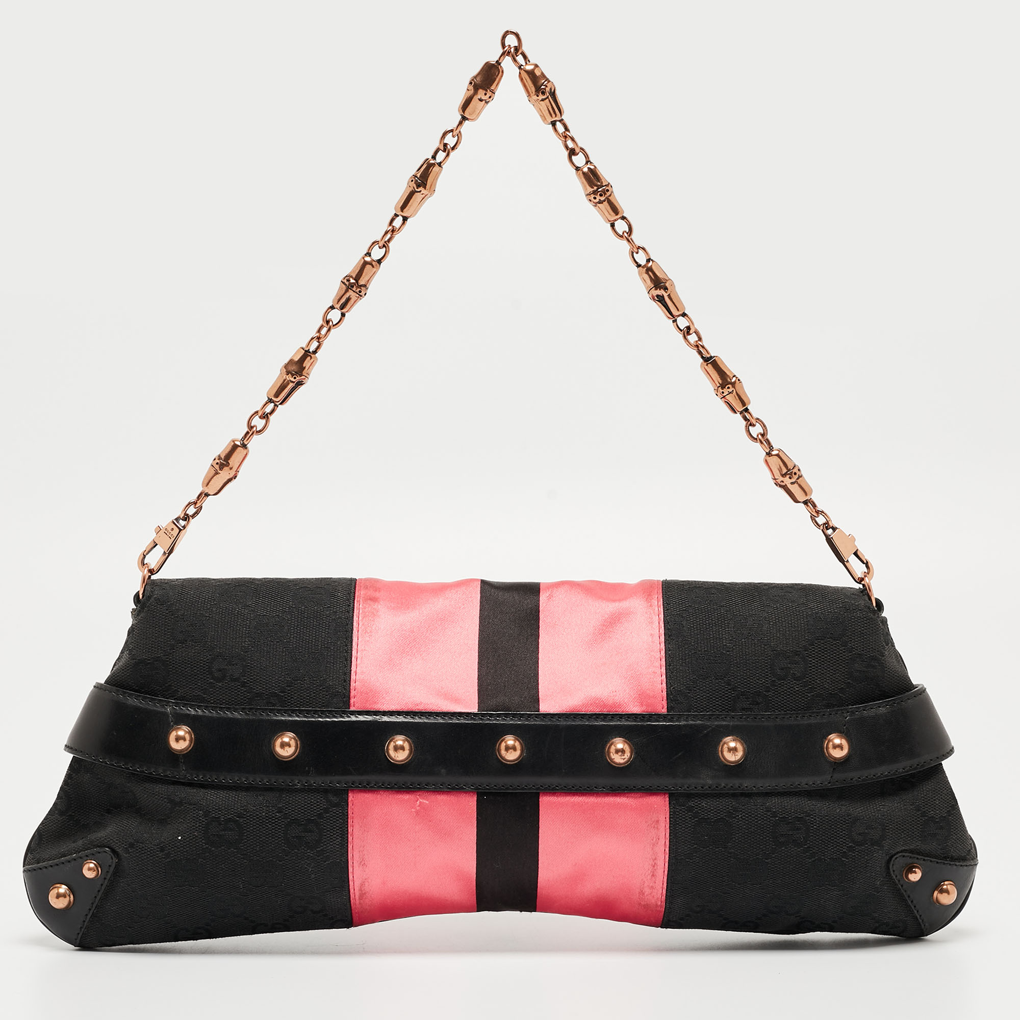 Gucci Black/Pink GG Canvas And Satin Limited Edition Tom Ford Horsebit Web Chain Clutch
