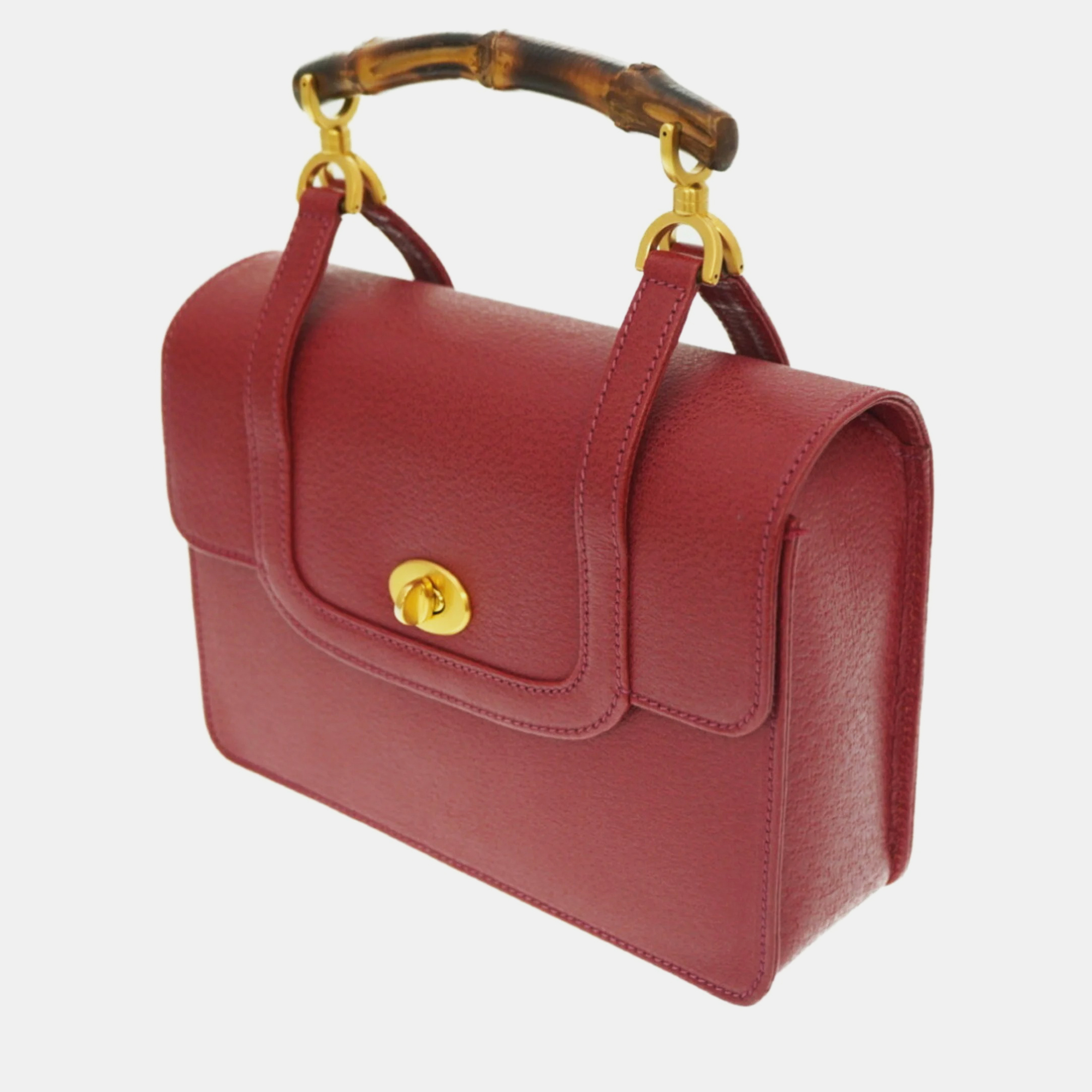 Gucci Red Leather Bamboo Top Handle Bag