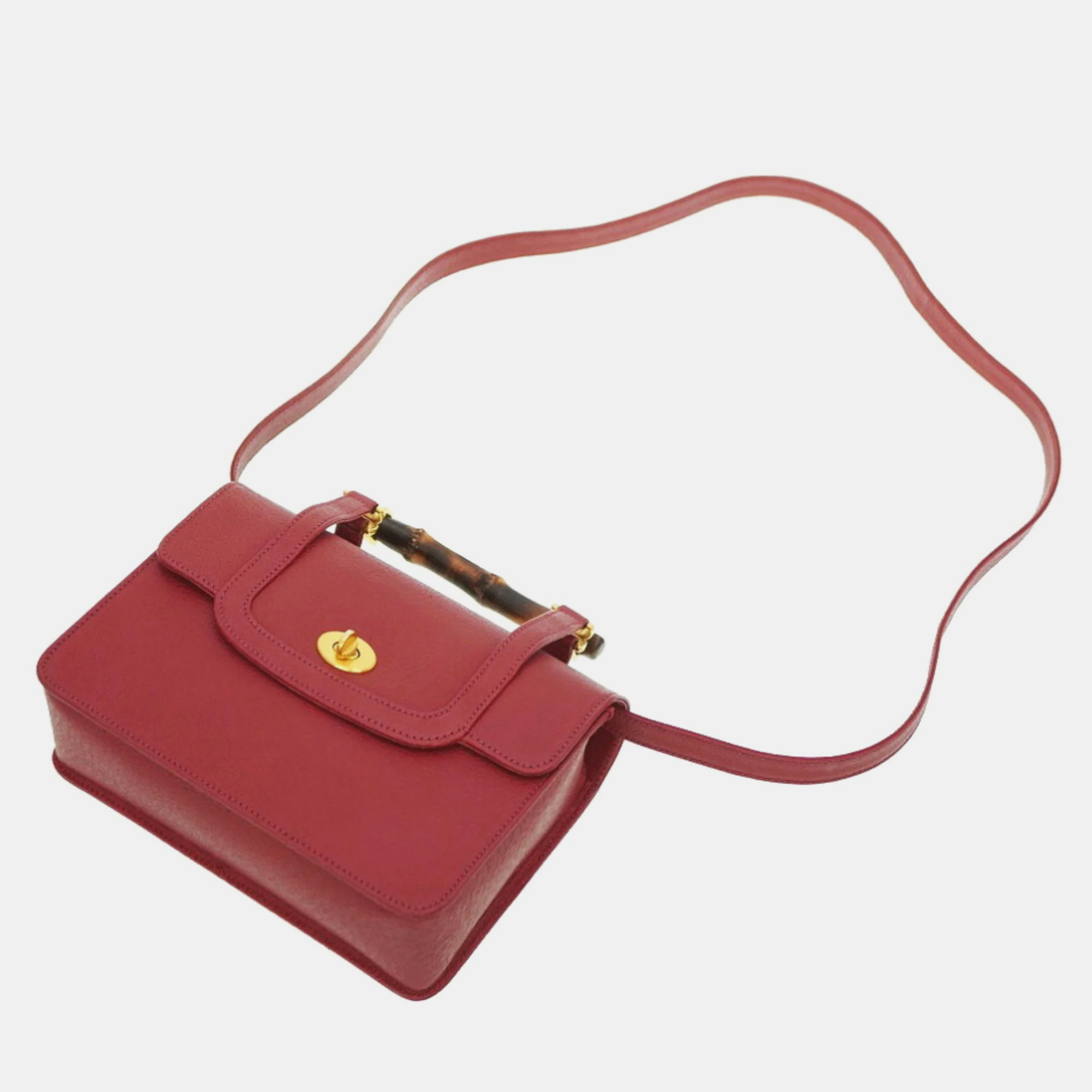 Gucci Red Leather Bamboo Top Handle Bag