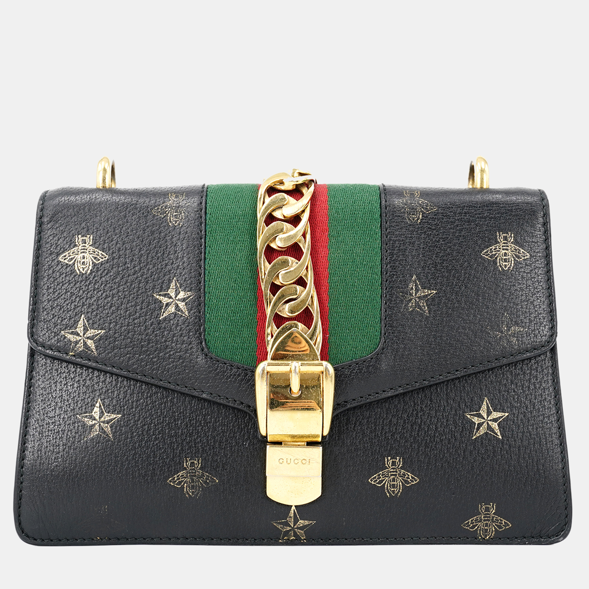 Gucci black leather small sylvie bee star shoulder bag