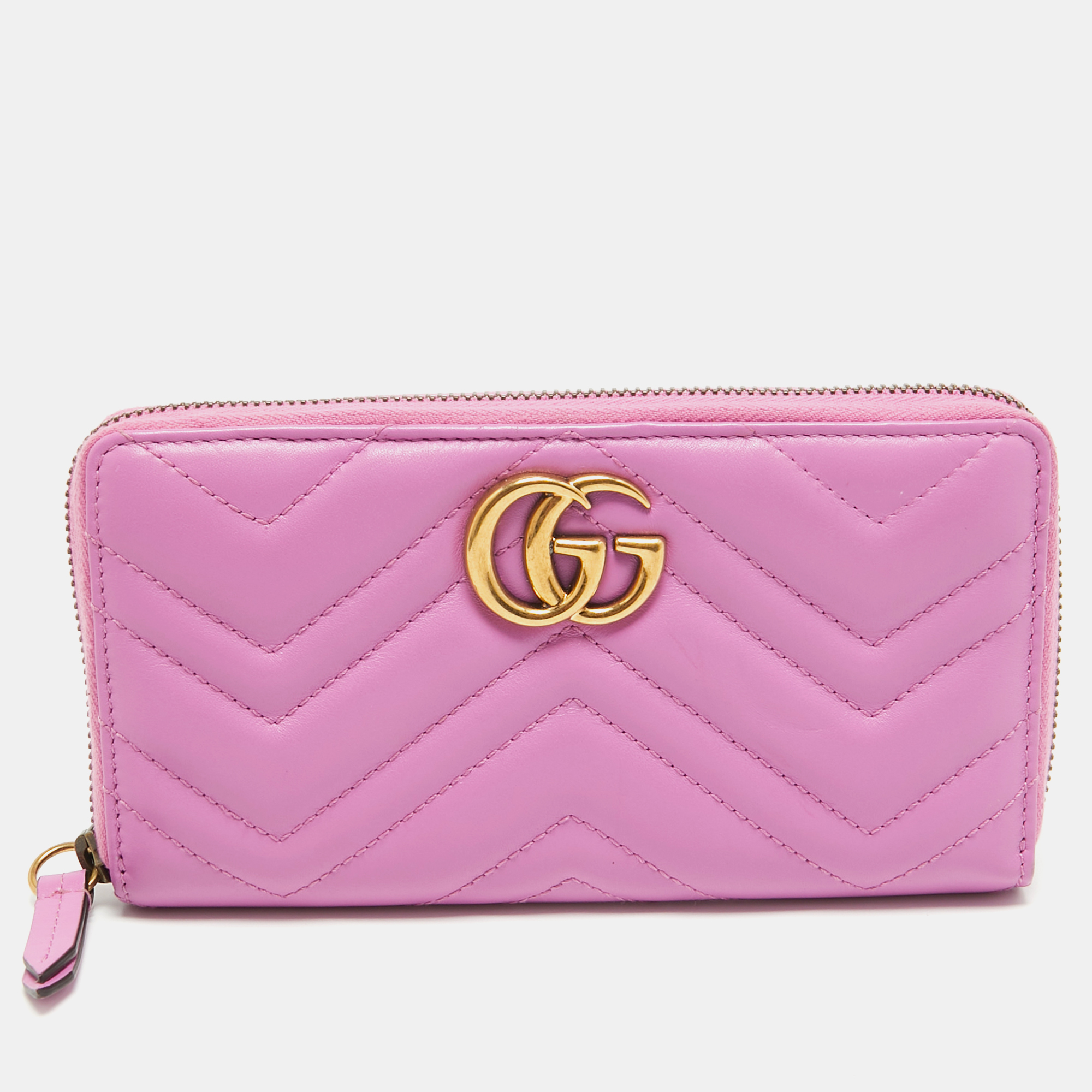 Gucci pink matelass&eacute; leather gg marmont zip around wallet