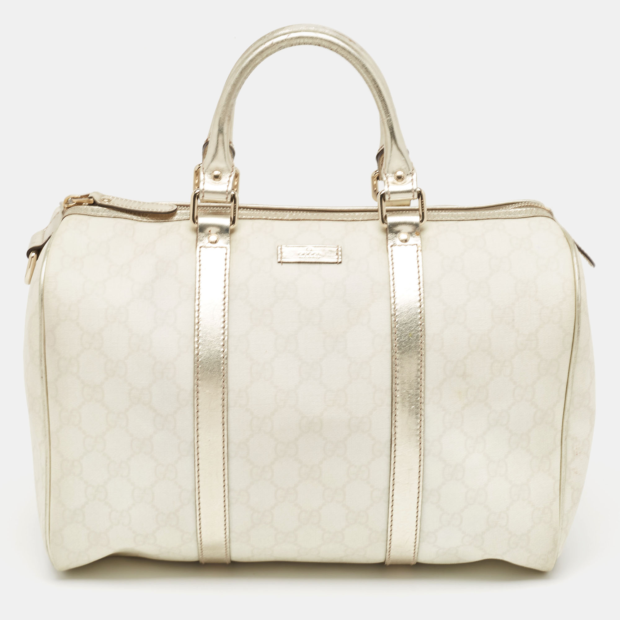 Gucci off white/gold gg supreme canvas and glossy leather medium joy boston bag