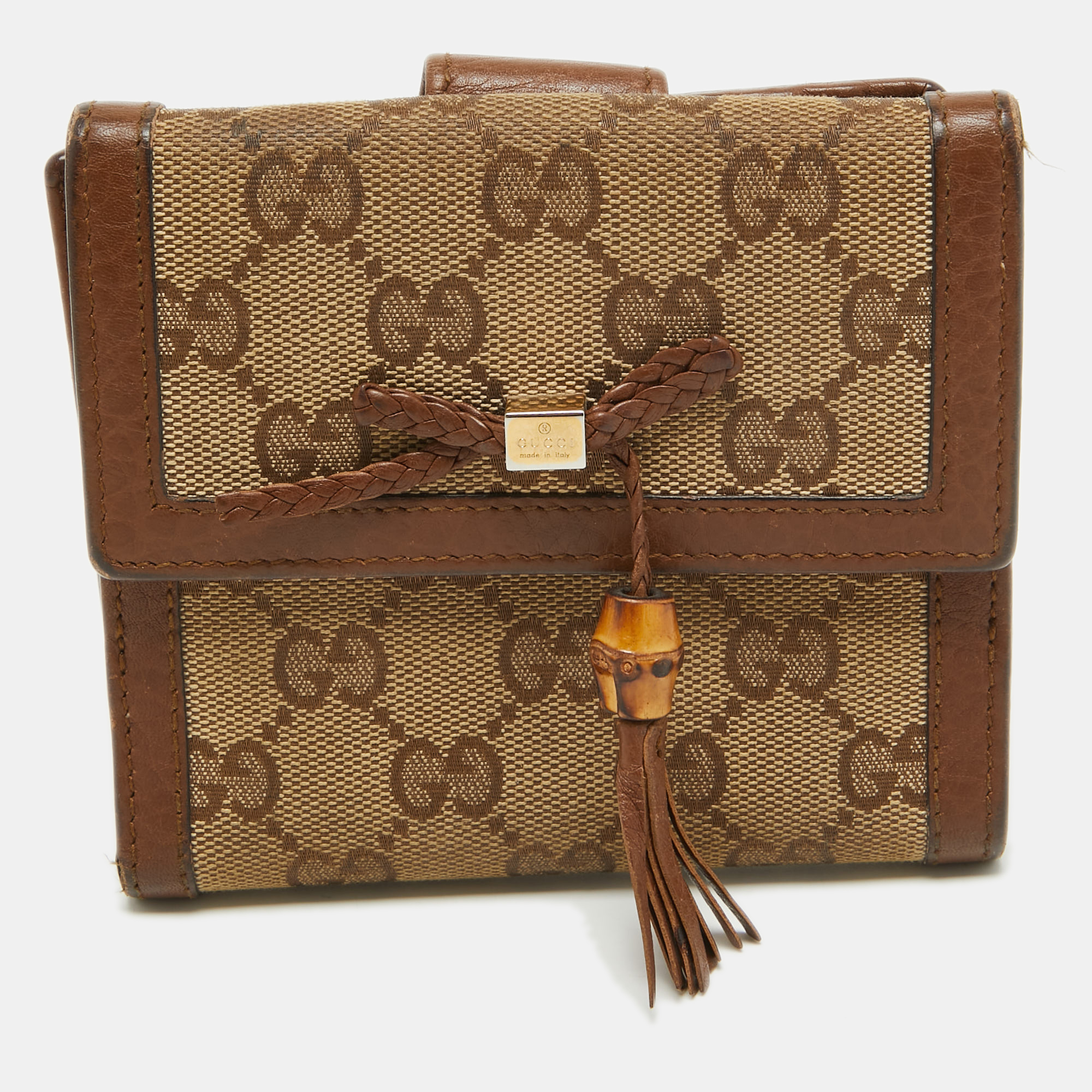 Gucci brown/beige gg canvas and leather bamboo tassel compact wallet