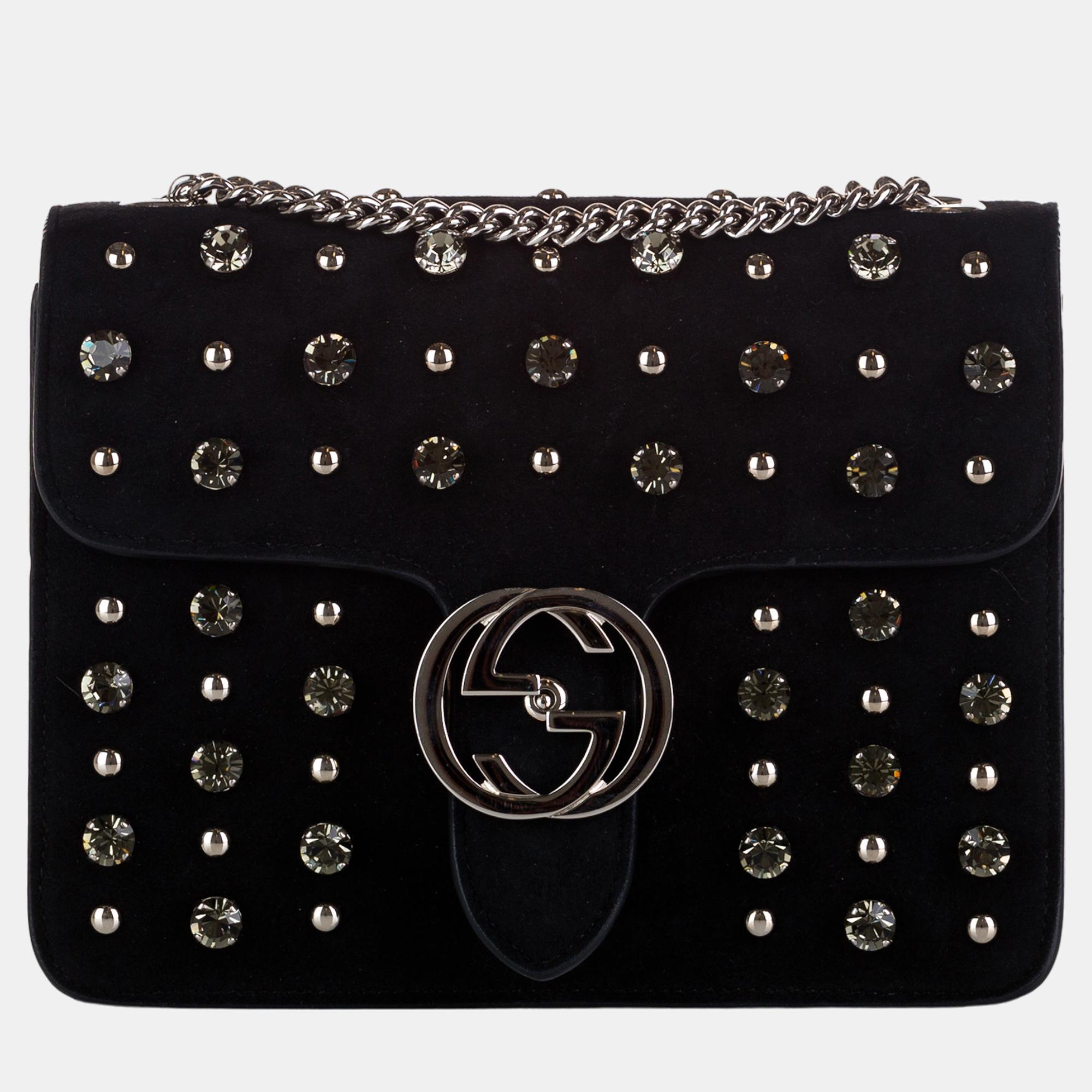 Gucci black interlocking g suede crystal crossbody bag