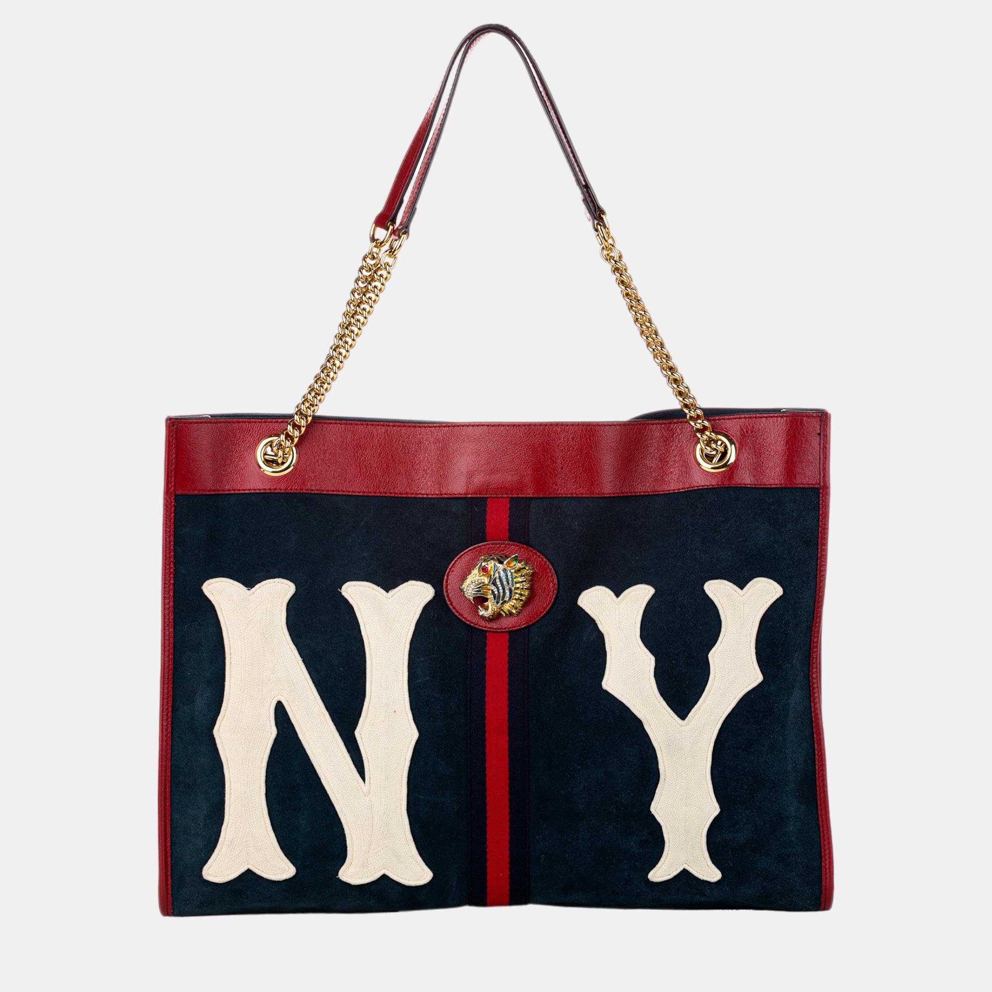 Gucci navy blue/red rajah suede tote bag