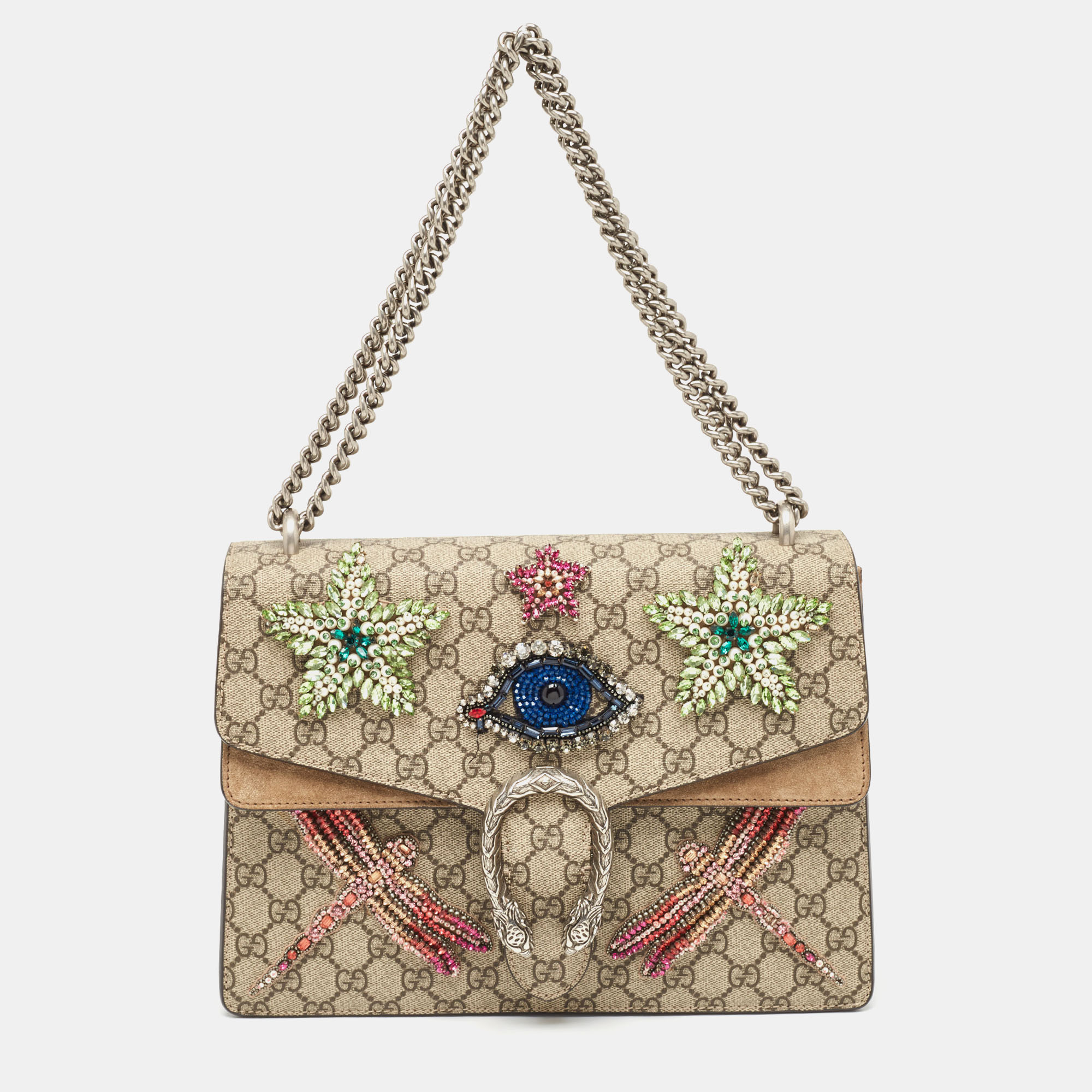 Gucci beige gg supreme canvas and suede medium dubai exclusive dionysus embellished shoulder bag