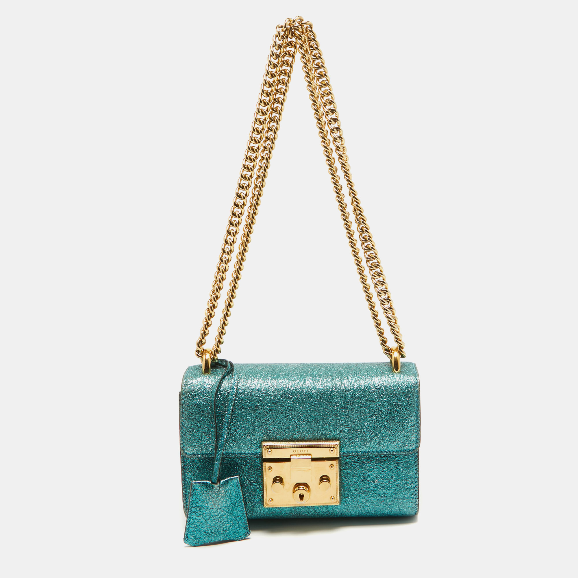 Gucci metallic teal crinkled leather small padlock shoulder bag