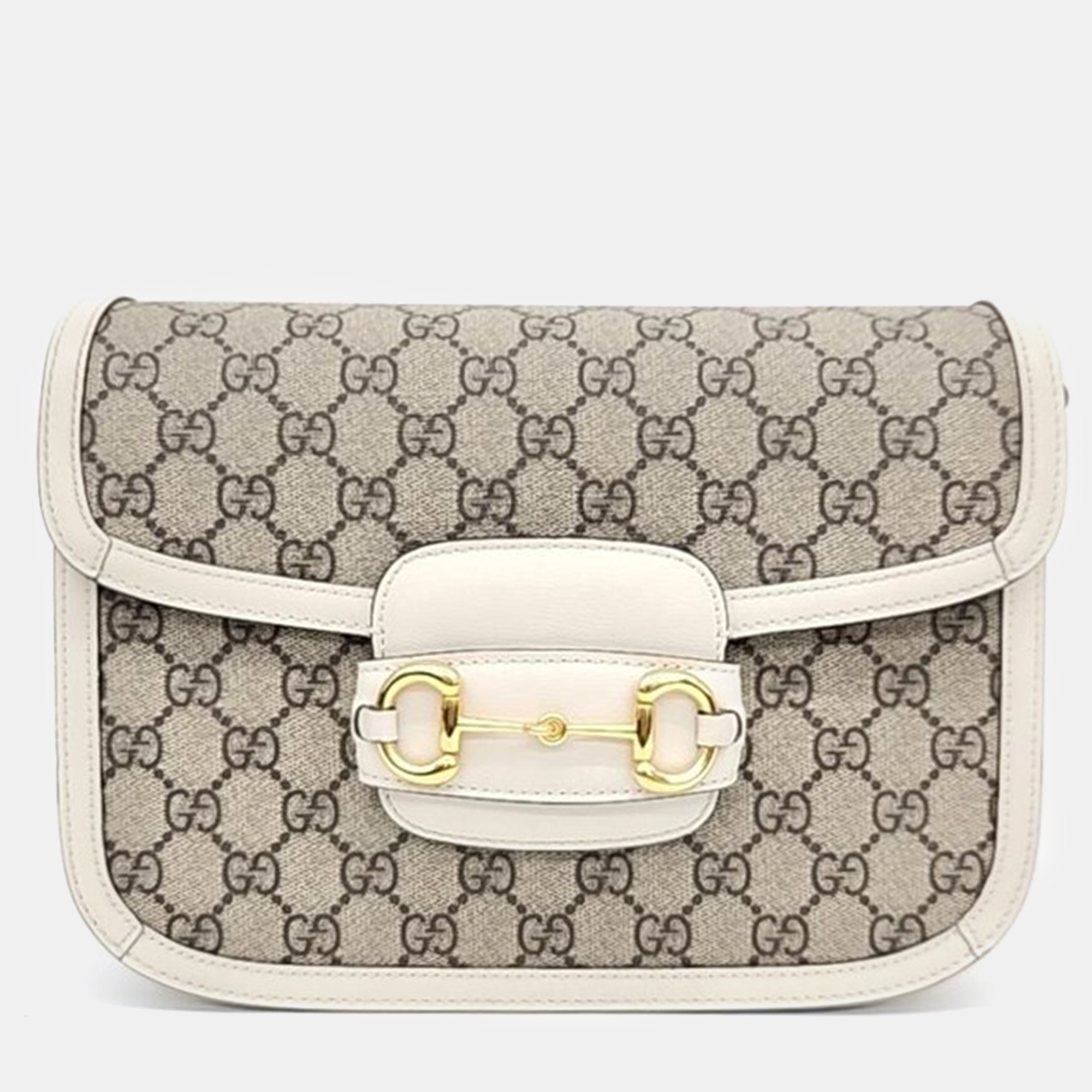 Gucci white gg canvas and leather horsebit 1955 shoulder bag