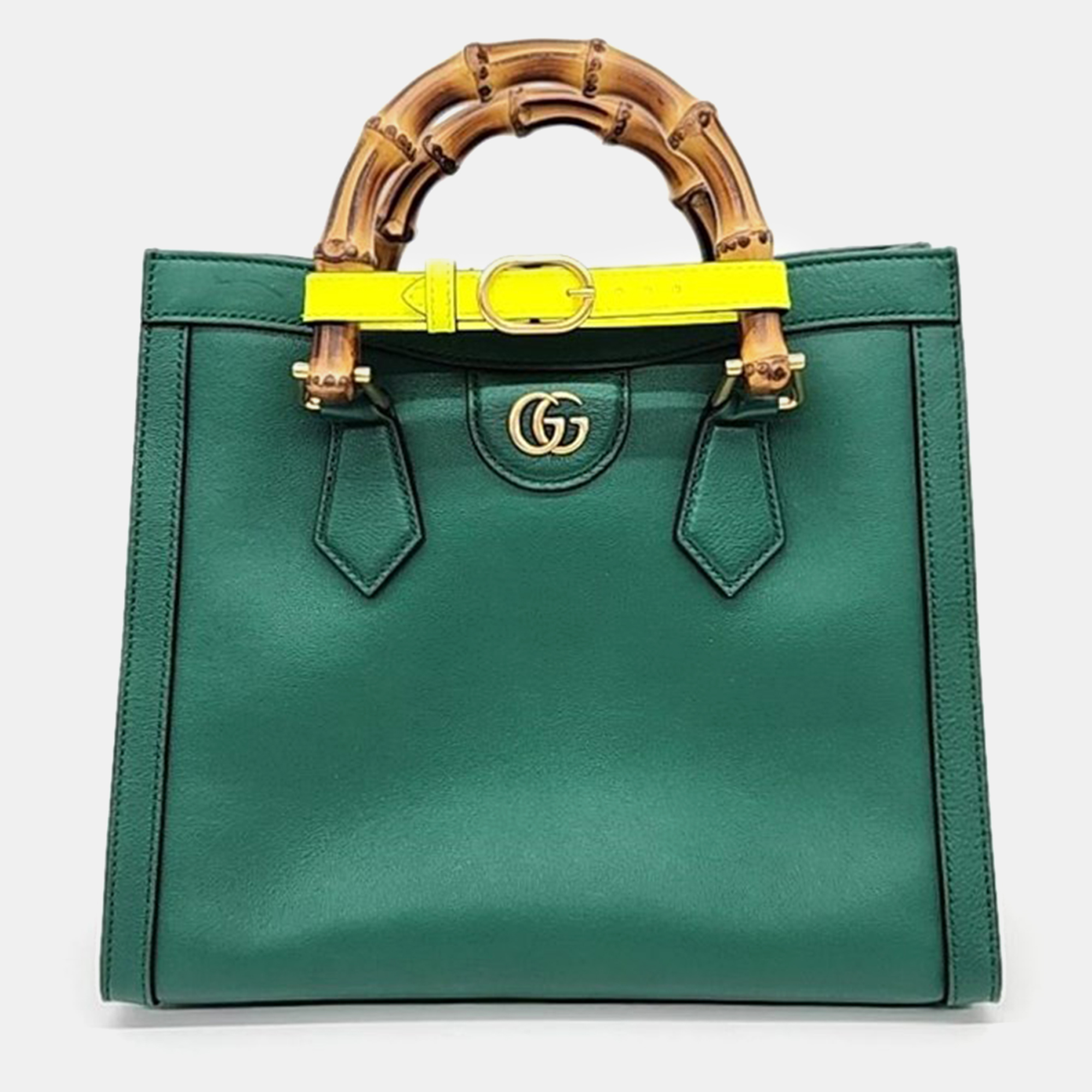 Gucci green leather small diana bamboo tote bag