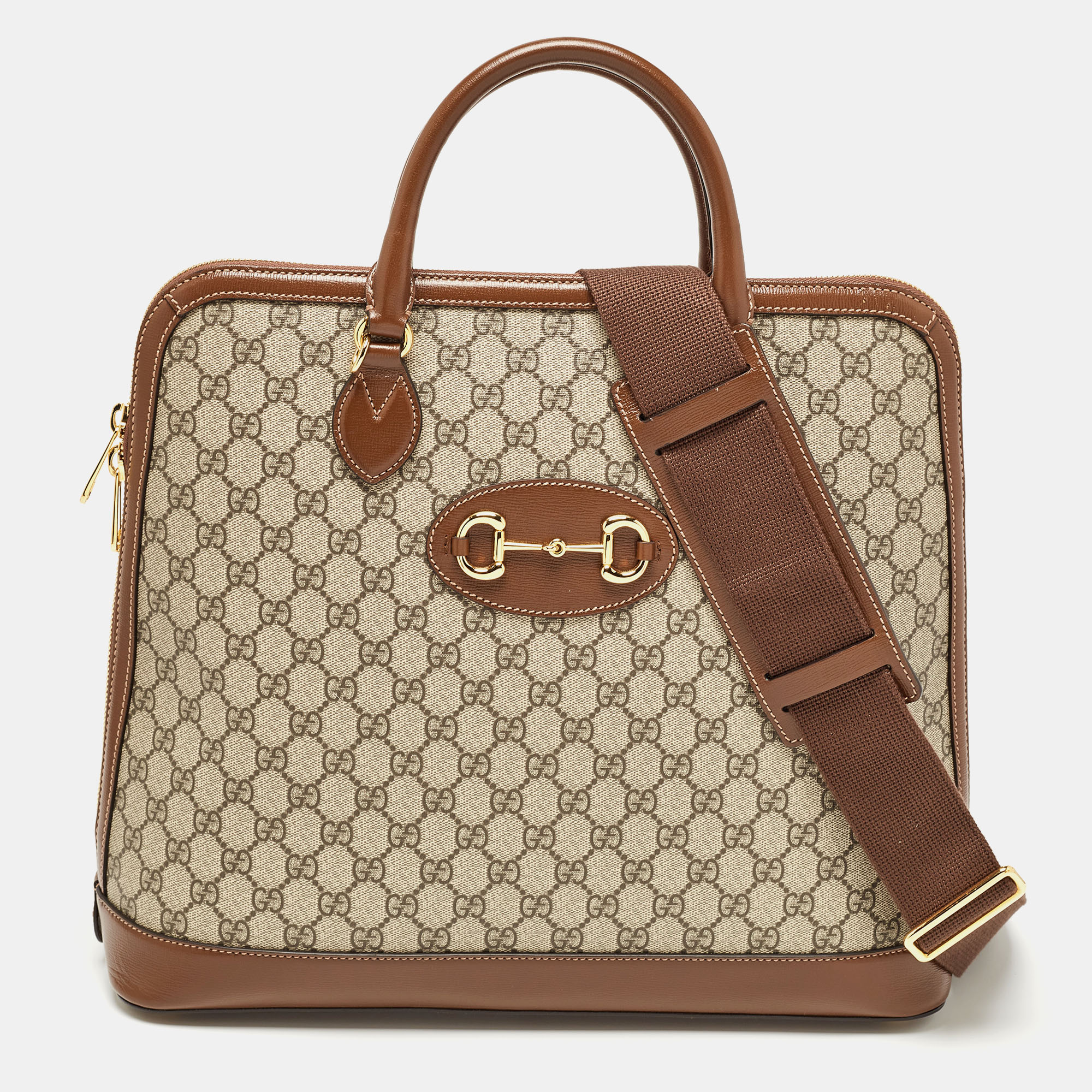 Gucci brown/beige gg supreme canvas and leather horsebit 1955 duffel bag