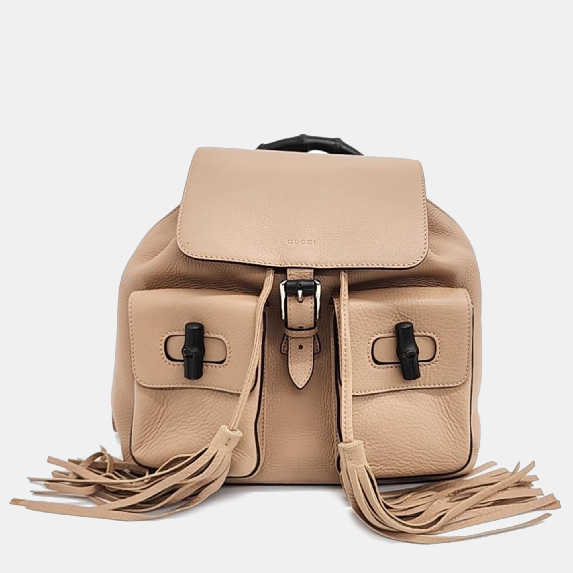Gucci beige leather bamboo pocket backpack