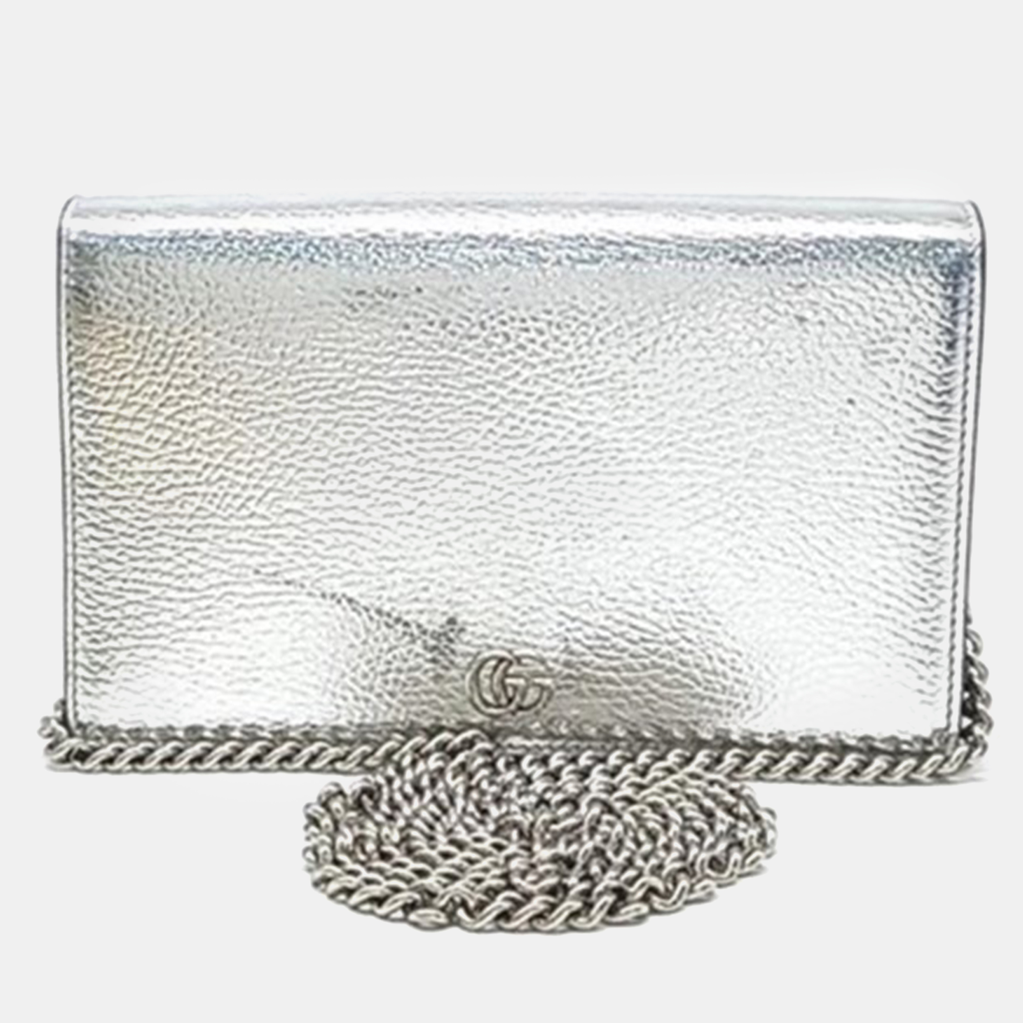 Gucci silver leather gg marmont mini crossbody bag
