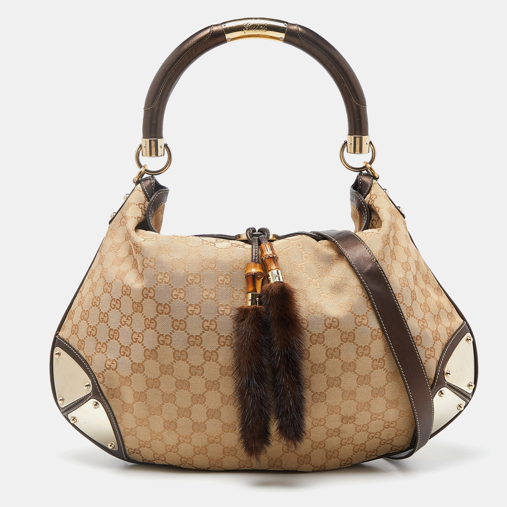 Gucci beige/dark brown gg canvas and leather/mink fur large babouska indy hobo