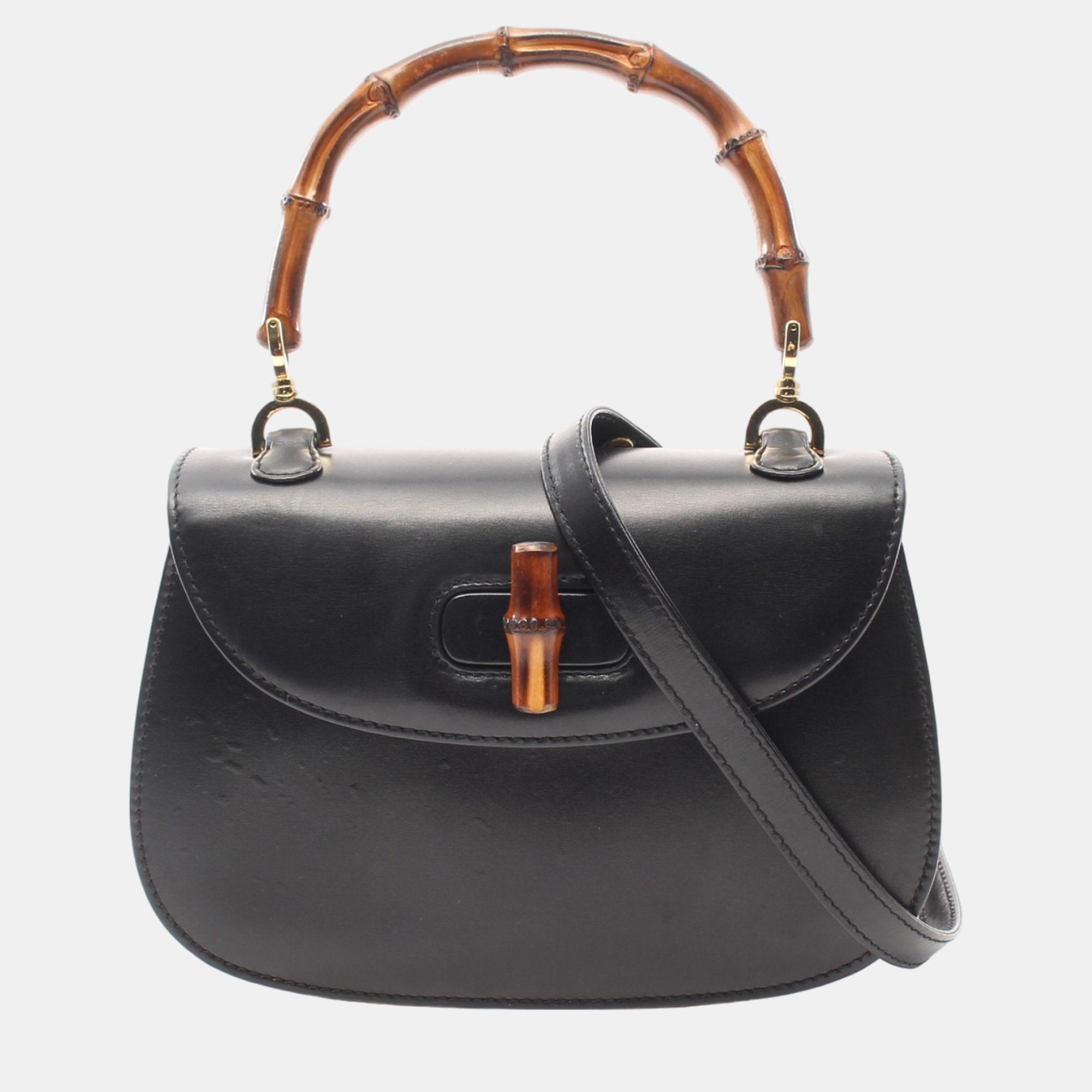 Gucci bamboo handbag leather black 2way