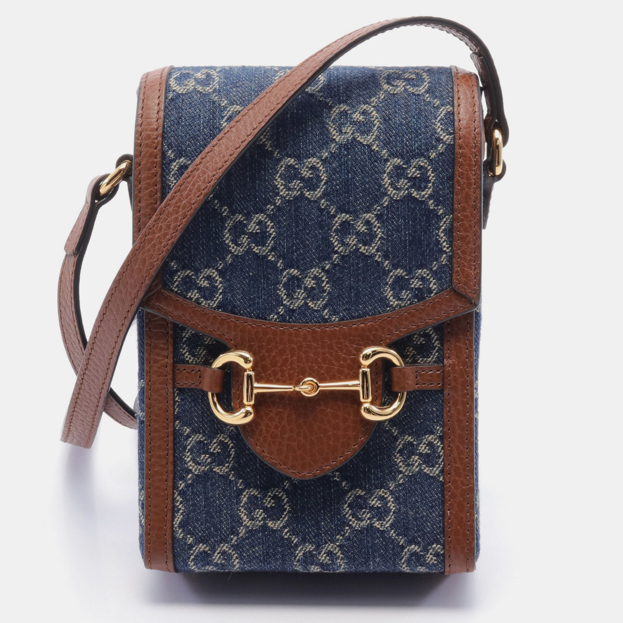 Gucci horsebit 1955 mini bag gg denim shoulder bag denim leather indigo blue brown