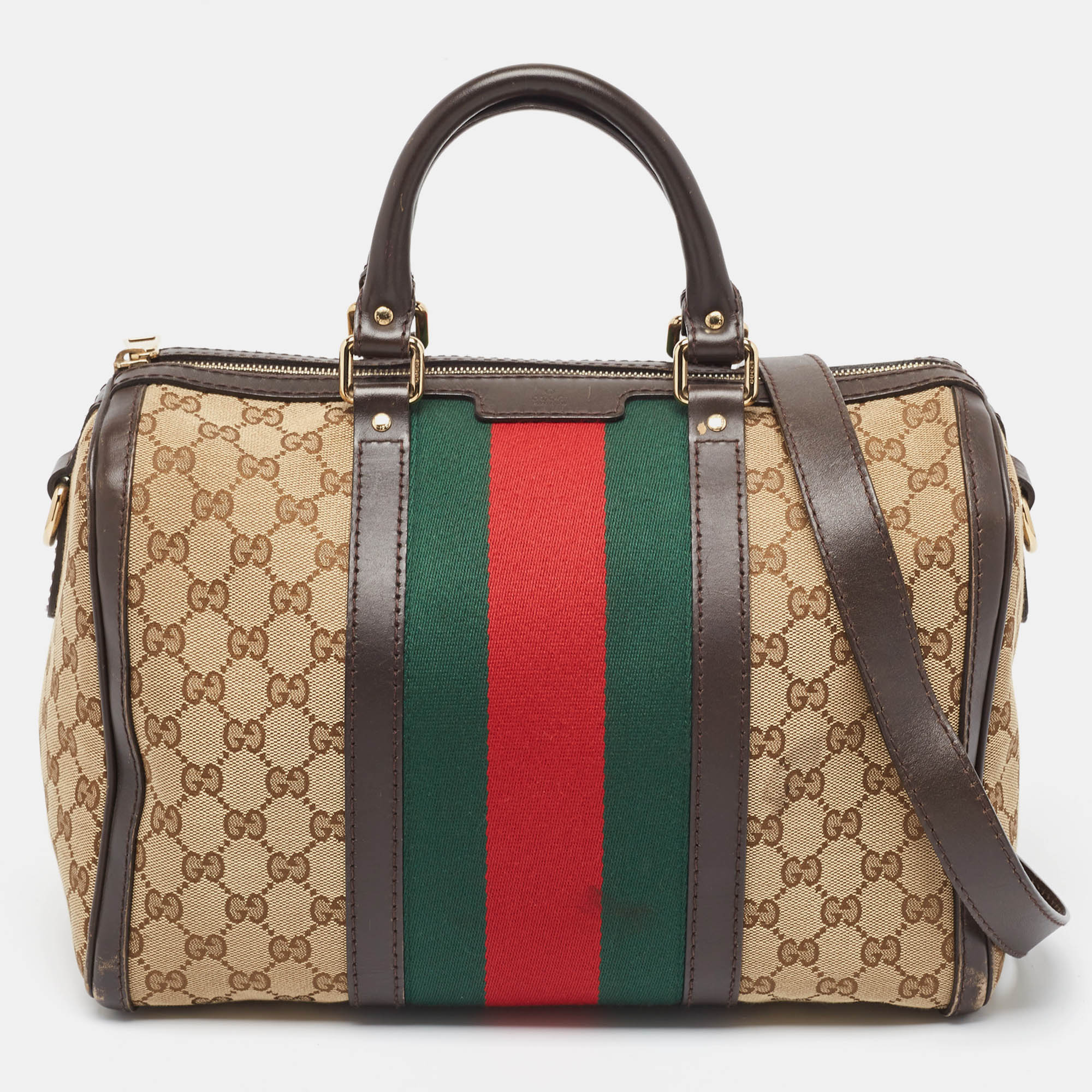 Gucci beige/brown gg canvas and leather medium vintage web boston bag